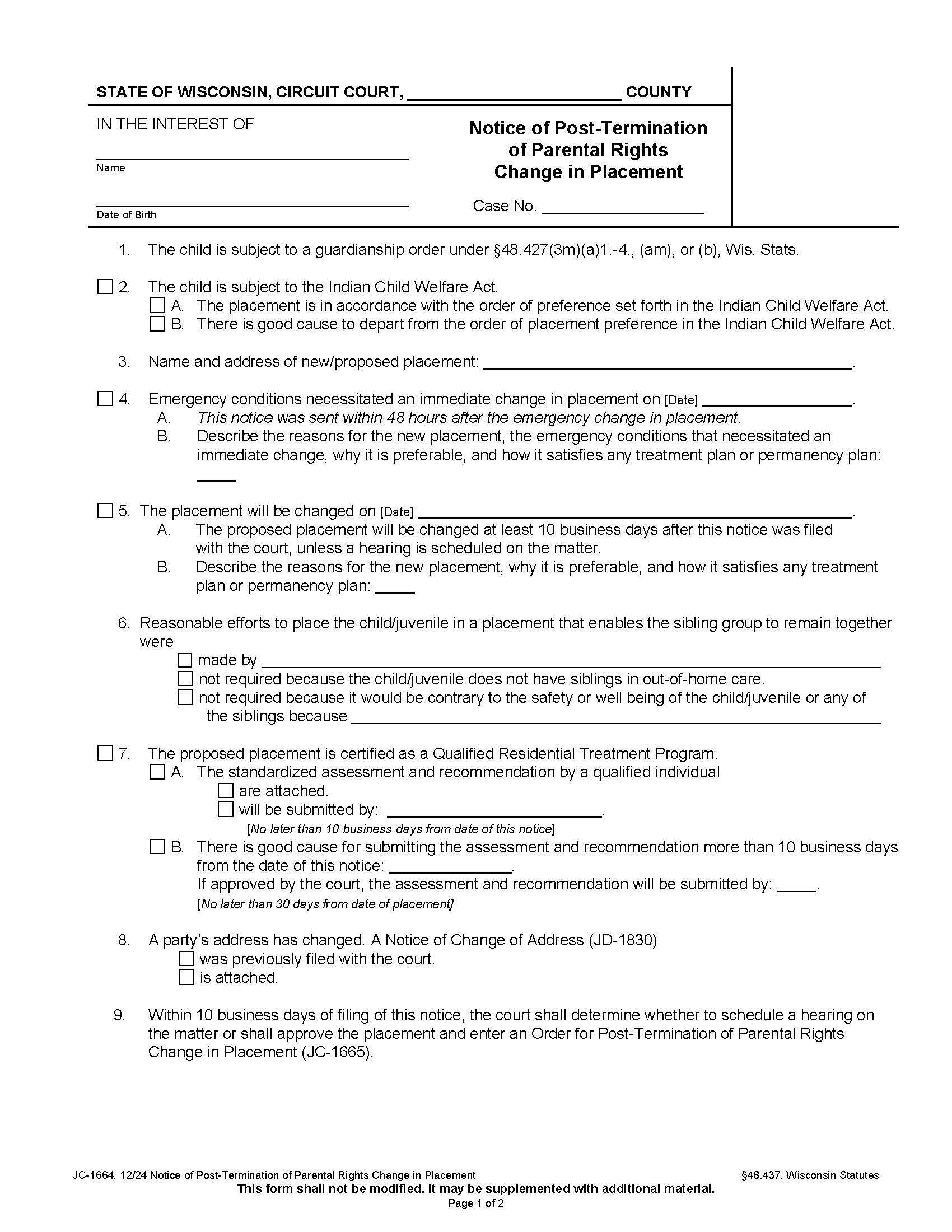 Notice Of Post Termination Of Parental Rights Change In Placement {JC-1664} | Pdf Fpdf Docx | Wisconsin