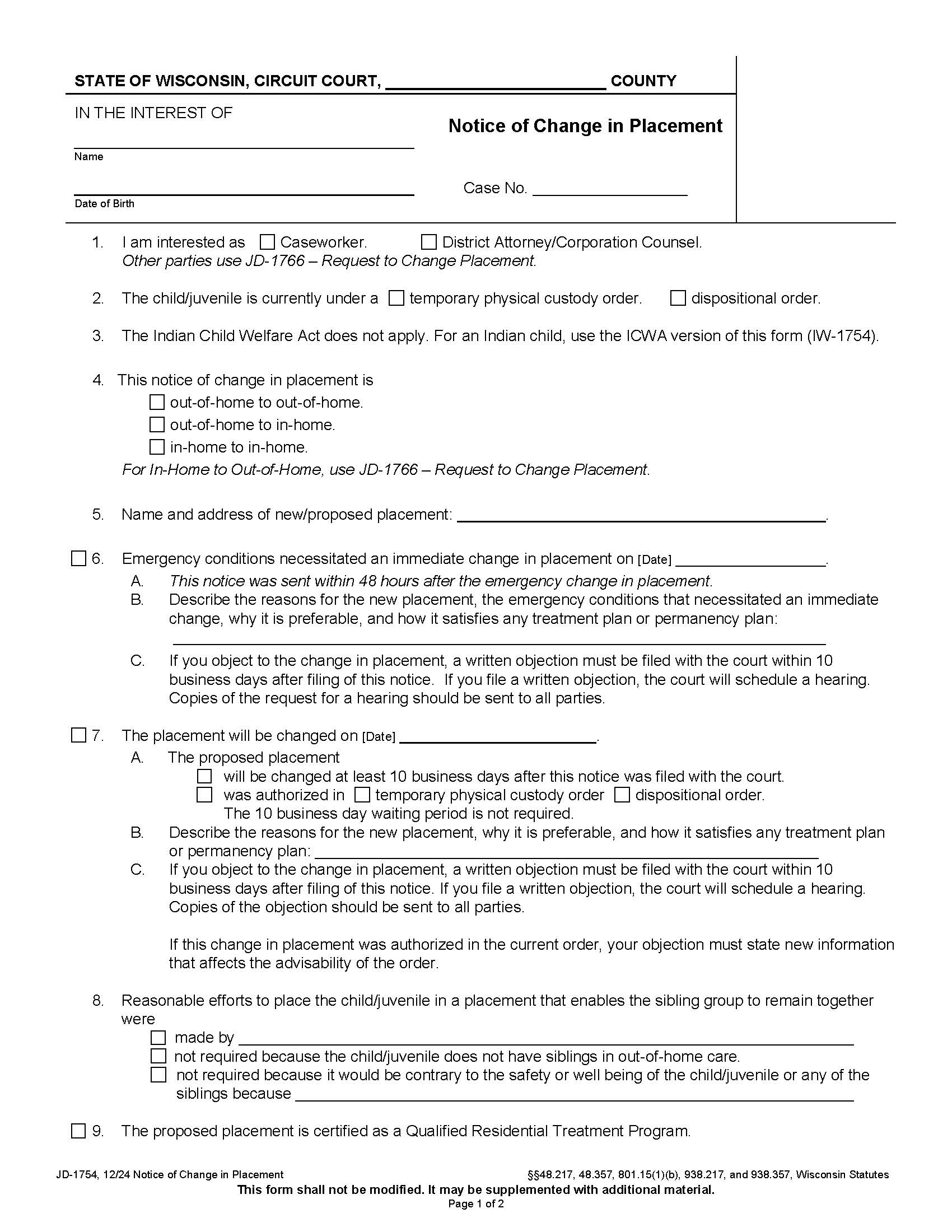 Notice Of Post-Disposition Change Of Placement {JD-1754} | Pdf Fpdf Docx | Wisconsin