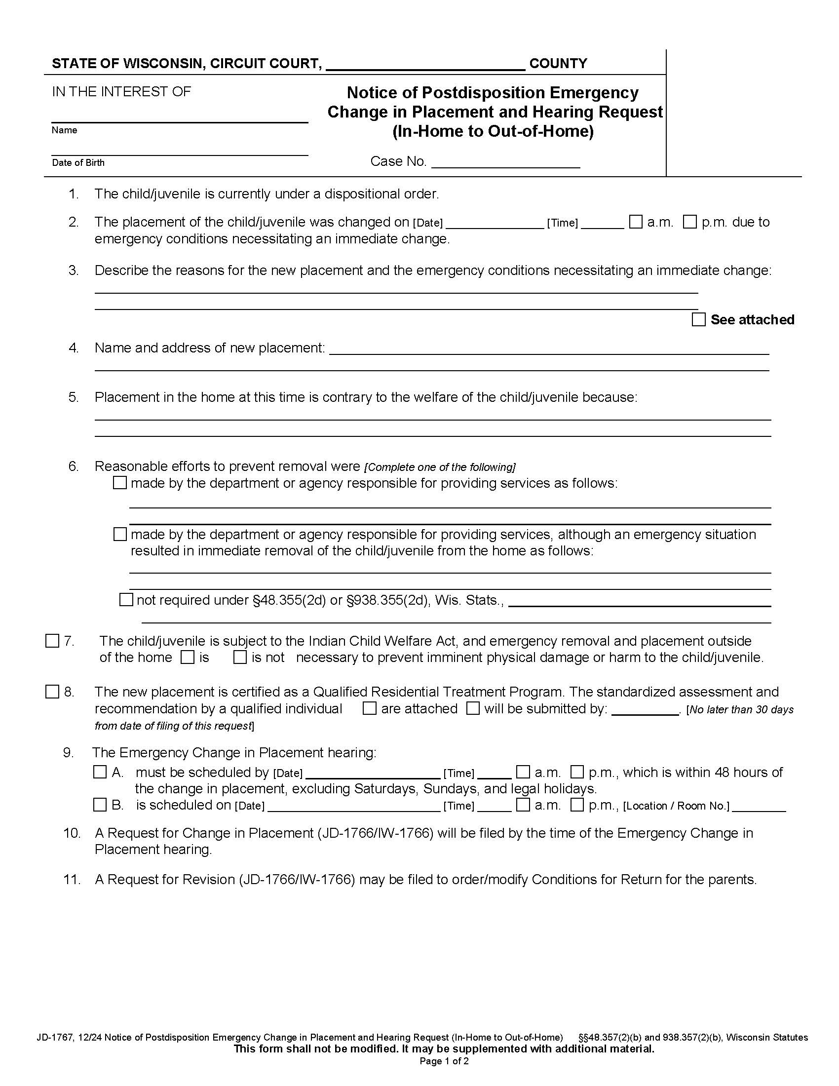 Notice Of Postdisposition Emergency Change In Placement {JD-1767} | Pdf Fpdf Docx | Wisconsin