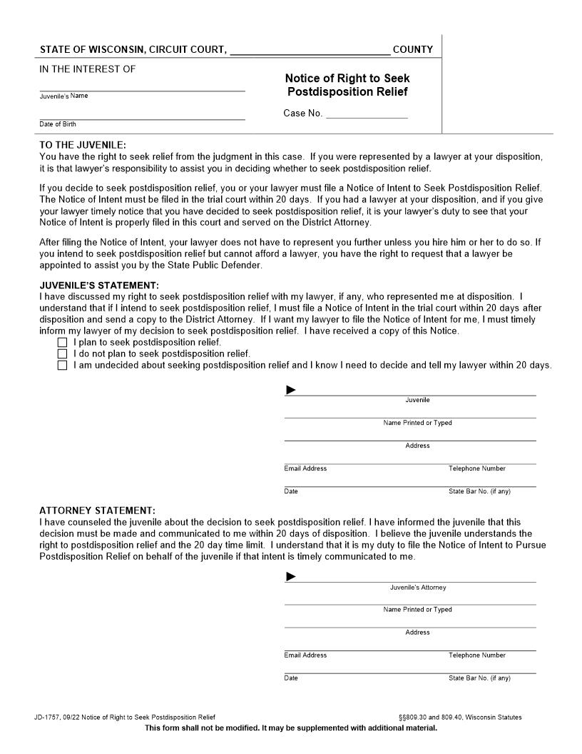 Notice Of Right To Seek Post-Judgment Relief {JD-1757} | Pdf Fpdf Docx | Wisconsin