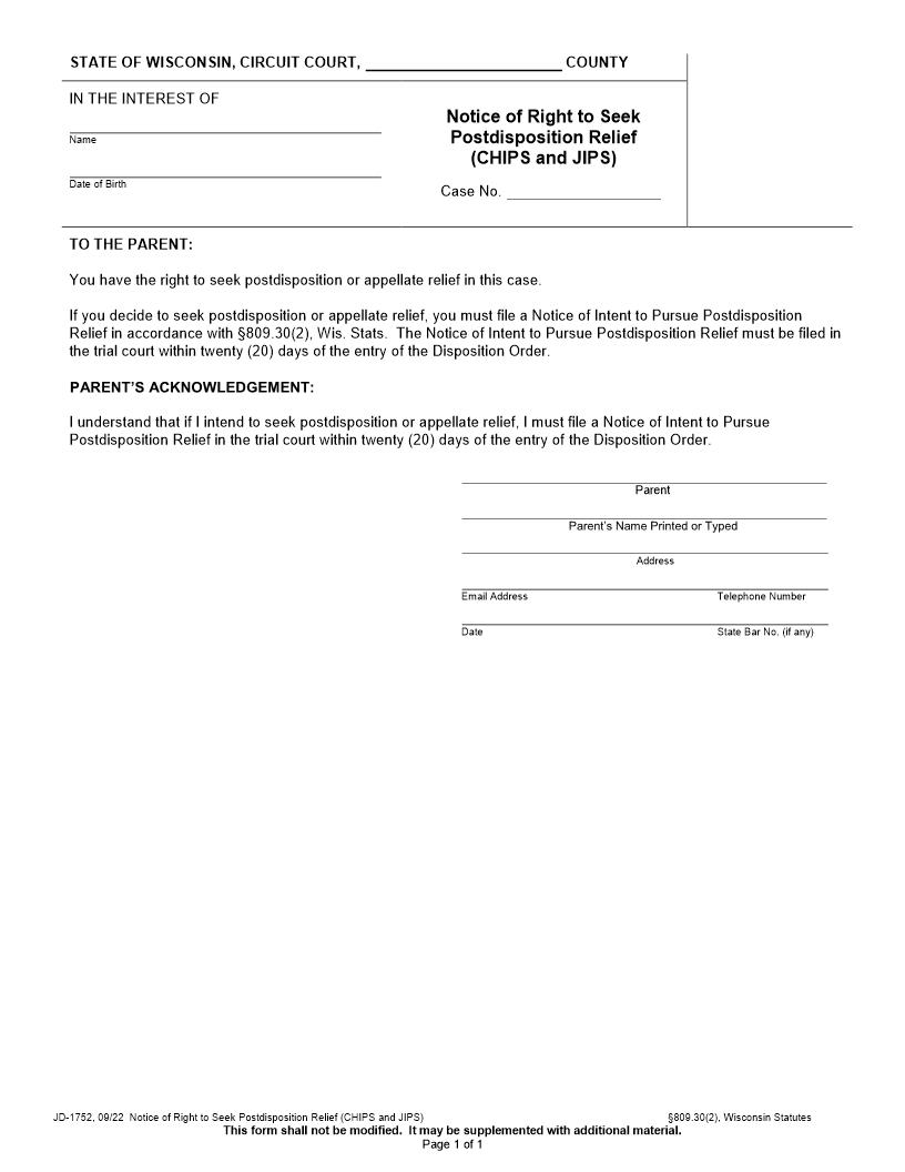 Notice Of Right To Seek Postdisposition Relief {JD-1752} | Pdf Fpdf Docx | Wisconsin