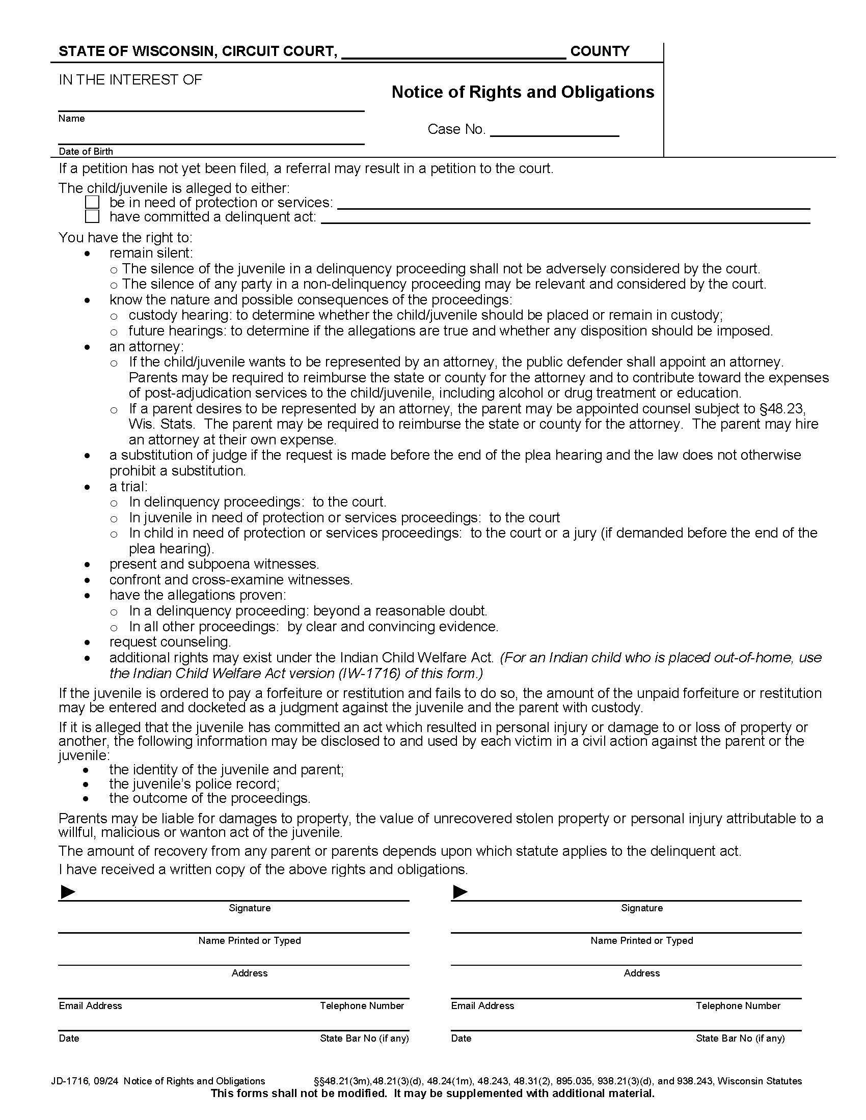 Notice Of Rights And Obligations {JD-1716} | Pdf Fpdf Docx | Wisconsin