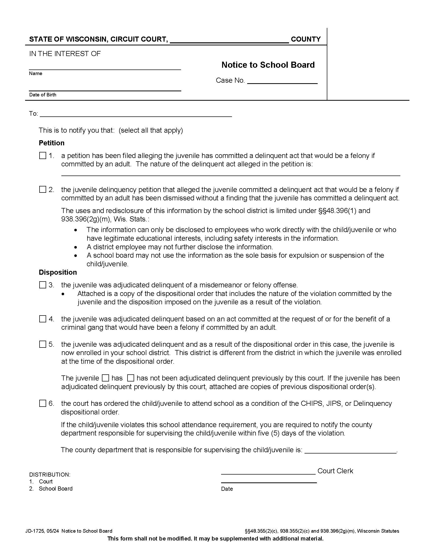 Notice To School {JD-1725} | Pdf Fpdf Docx | Wisconsin
