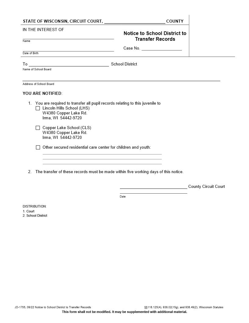 Notice To School District To Transfer Records {JD-1755} | Pdf Fpdf Docx | Wisconsin