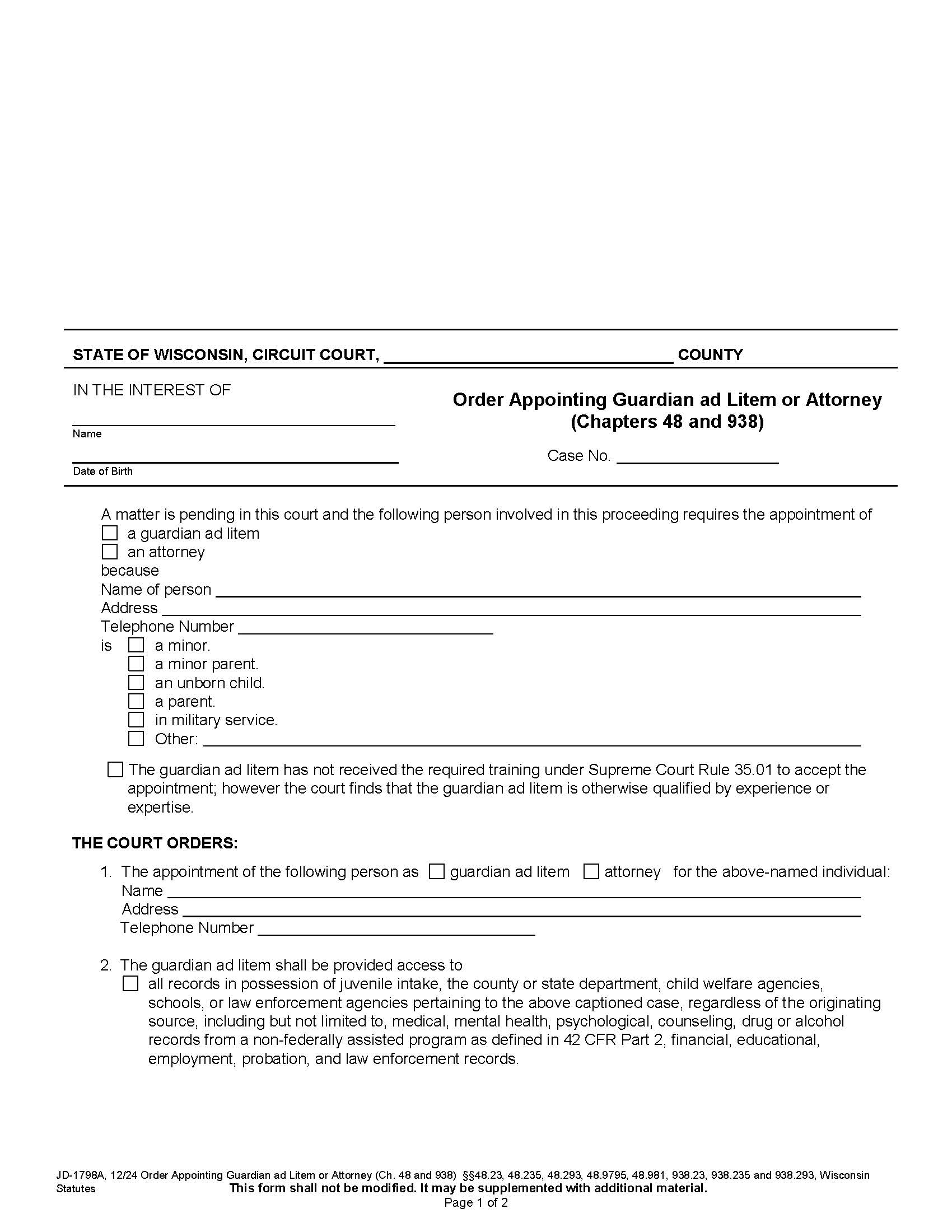 Order Appointing Guardian Ad Litem Or Attorney (Chapter 48 And 938) {JD-1798A} | Pdf Fpdf Docx | Wisconsin
