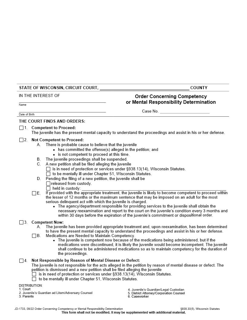 Order Concerning Competency Or Mental Responsibility Determination {JD-1733} | Pdf Fpdf Docx | Wisconsin
