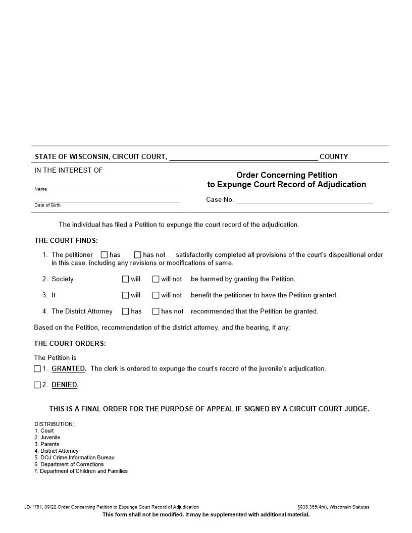 Order Concerning Petition To Expunge Court Record Of Adjudication {JD-1781} | Pdf Fpdf Docx | Wisconsin