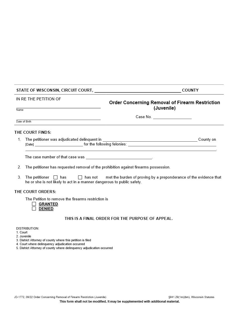 Order Concerning Removal Of Firearm Restriction {JD-1772} | Pdf Fpdf Docx | Wisconsin