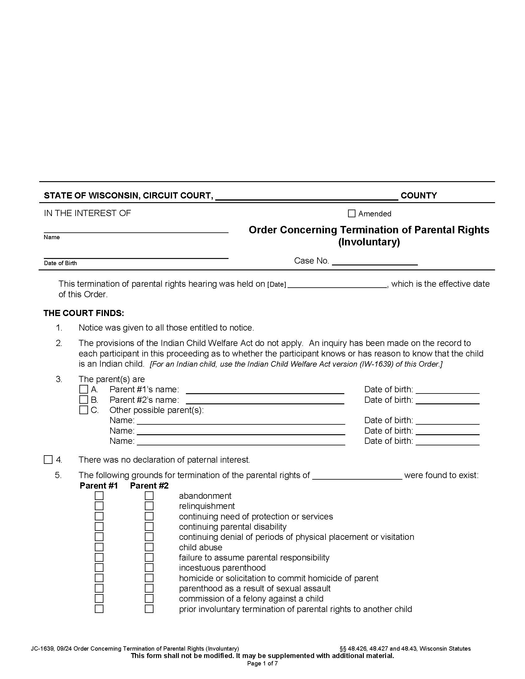 Order Concerning Termination Of Parental Rights (Involuntary) {JC-1639} | Pdf Fpdf Docx | Wisconsin