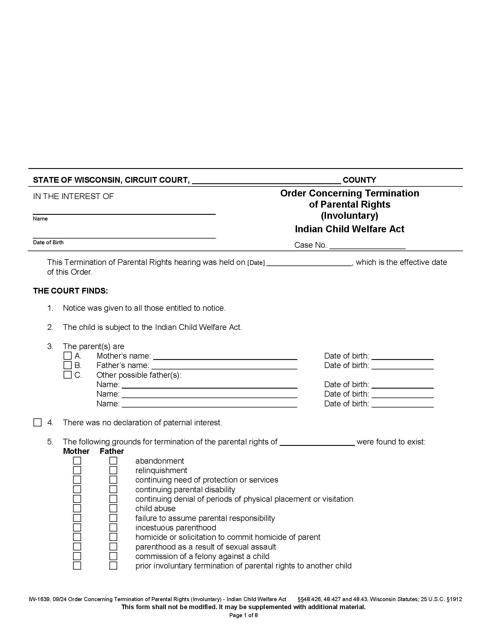 Order Concerning Termination Of Parental Rights (Involuntary) ICWA {IW-1639} | Pdf Fpdf Docx | Wisconsin