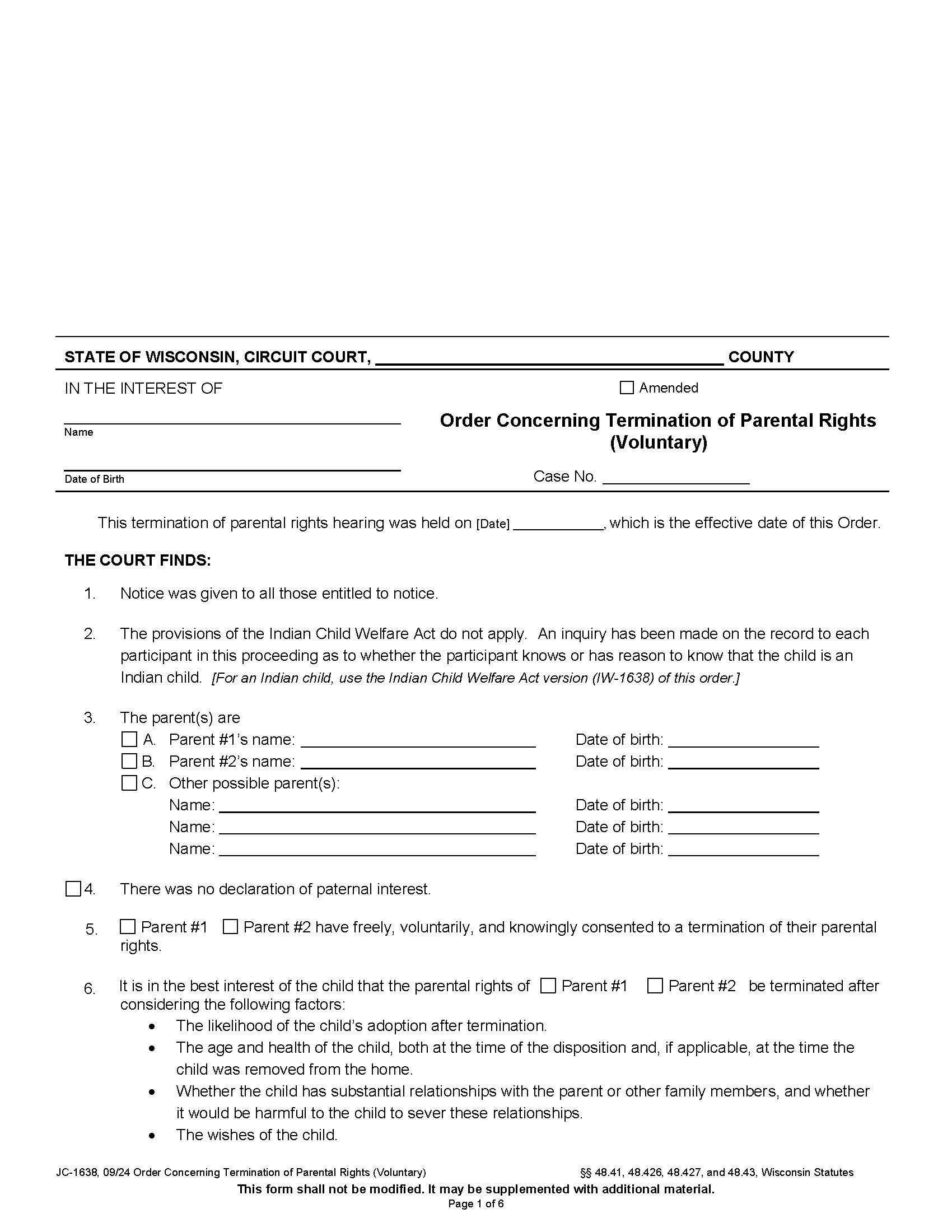 Order Concerning Termination Of Parental Rights (Voluntary) {JC-1638} | Pdf Fpdf Docx | Wisconsin