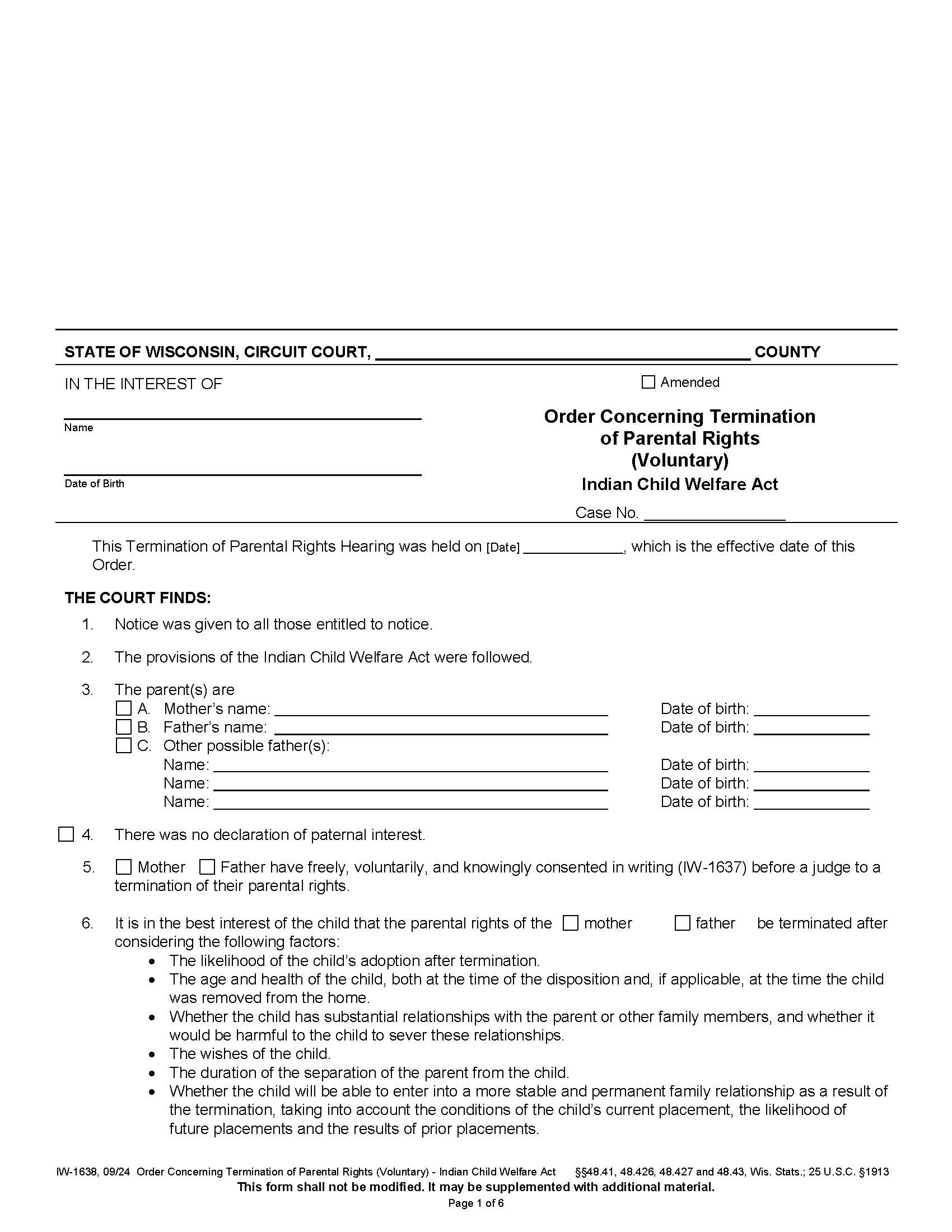 Order Concerning Termination Of Parental Rights (Voluntary) ICWA {IW-1638} | Pdf Fpdf Docx | Wisconsin