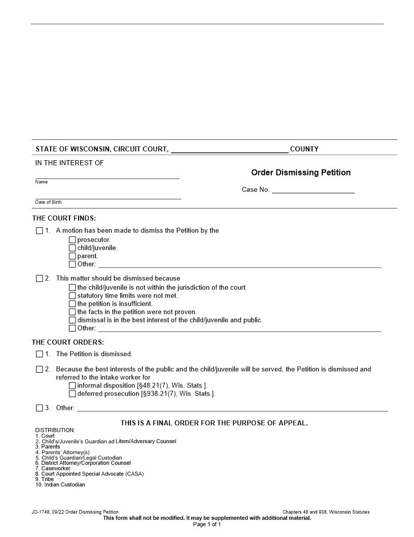 Order Dismissing Petition {JD-1748} | Pdf Fpdf Docx | Wisconsin