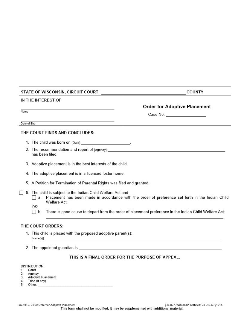 Order For Adoptive Placement {JC-1642} | Pdf Fpdf Docx | Wisconsin