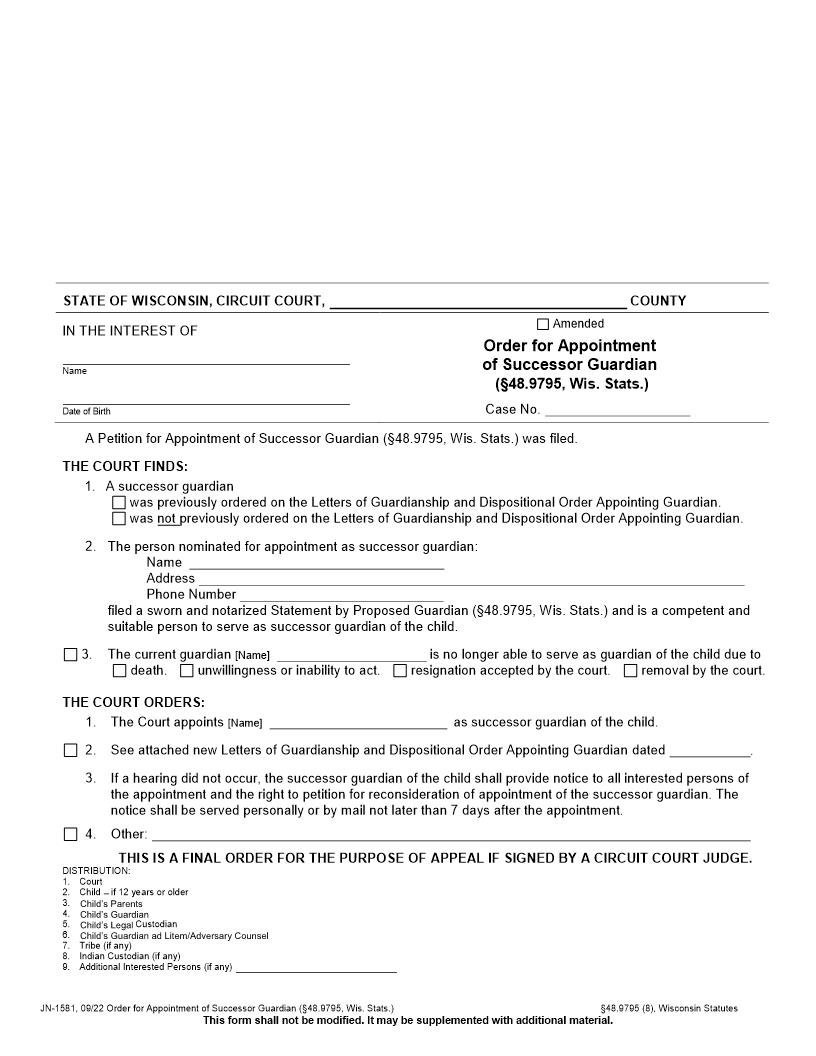 Order For Appointment Of Successor Guardian {JN-1581} | Pdf Fpdf Docx | Wisconsin