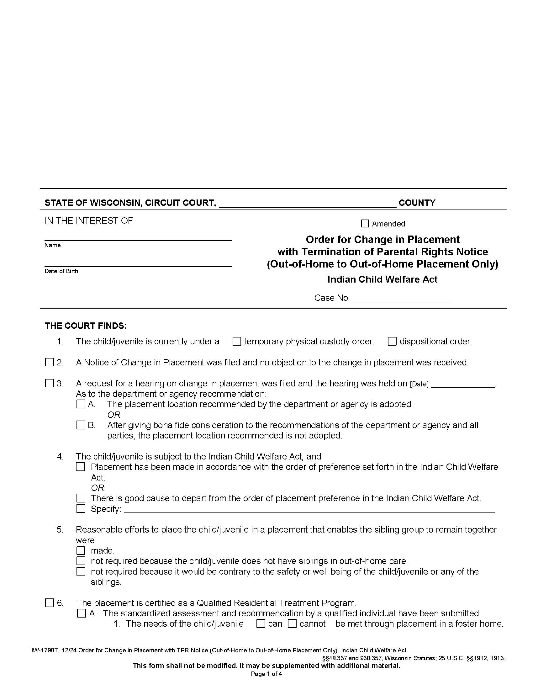 Order For Change In Placement {IW-1790T} | Pdf Fpdf Docx | Wisconsin