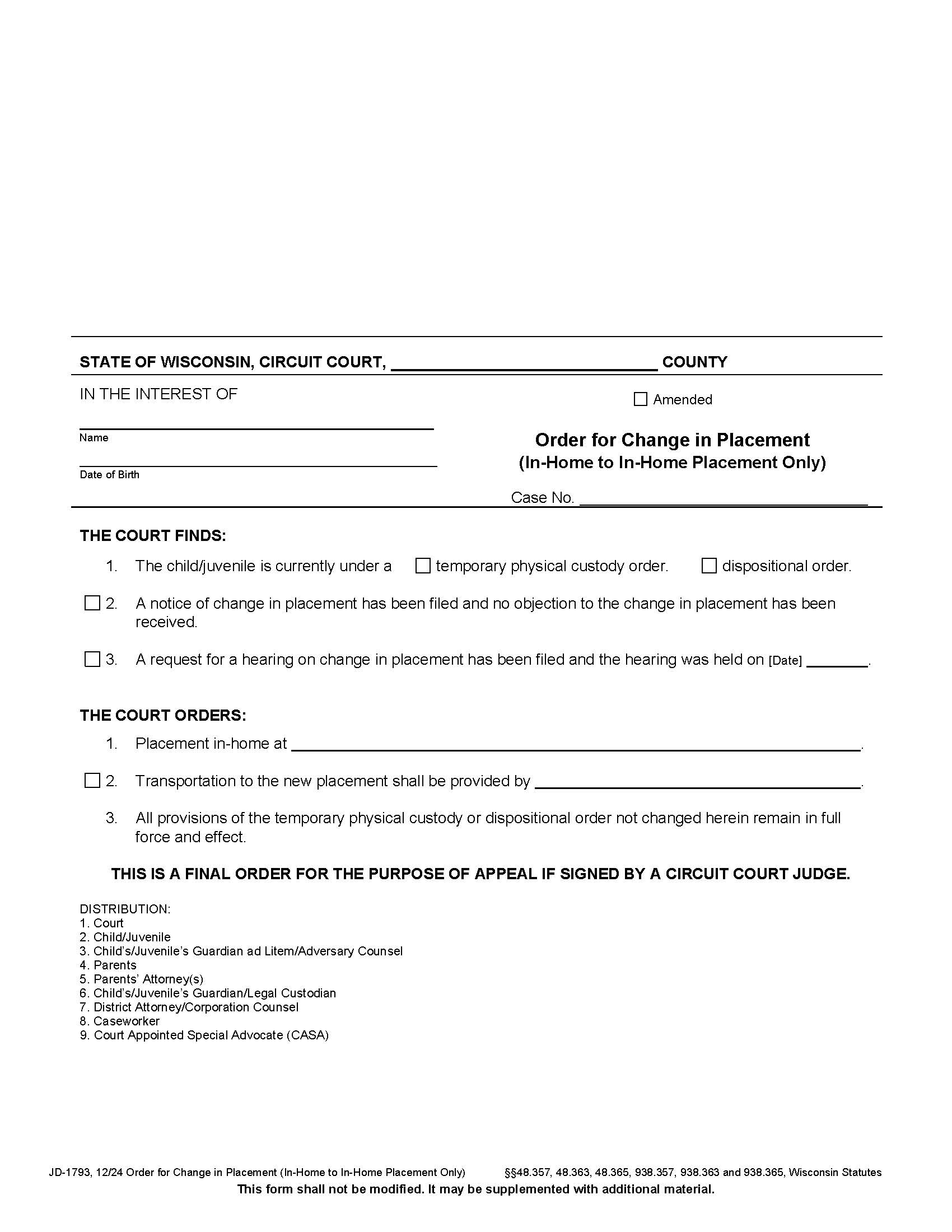 Order For Change Of Placement (In Home To In Home Placement Only) {JD-1793} | Pdf Fpdf Docx | Wisconsin