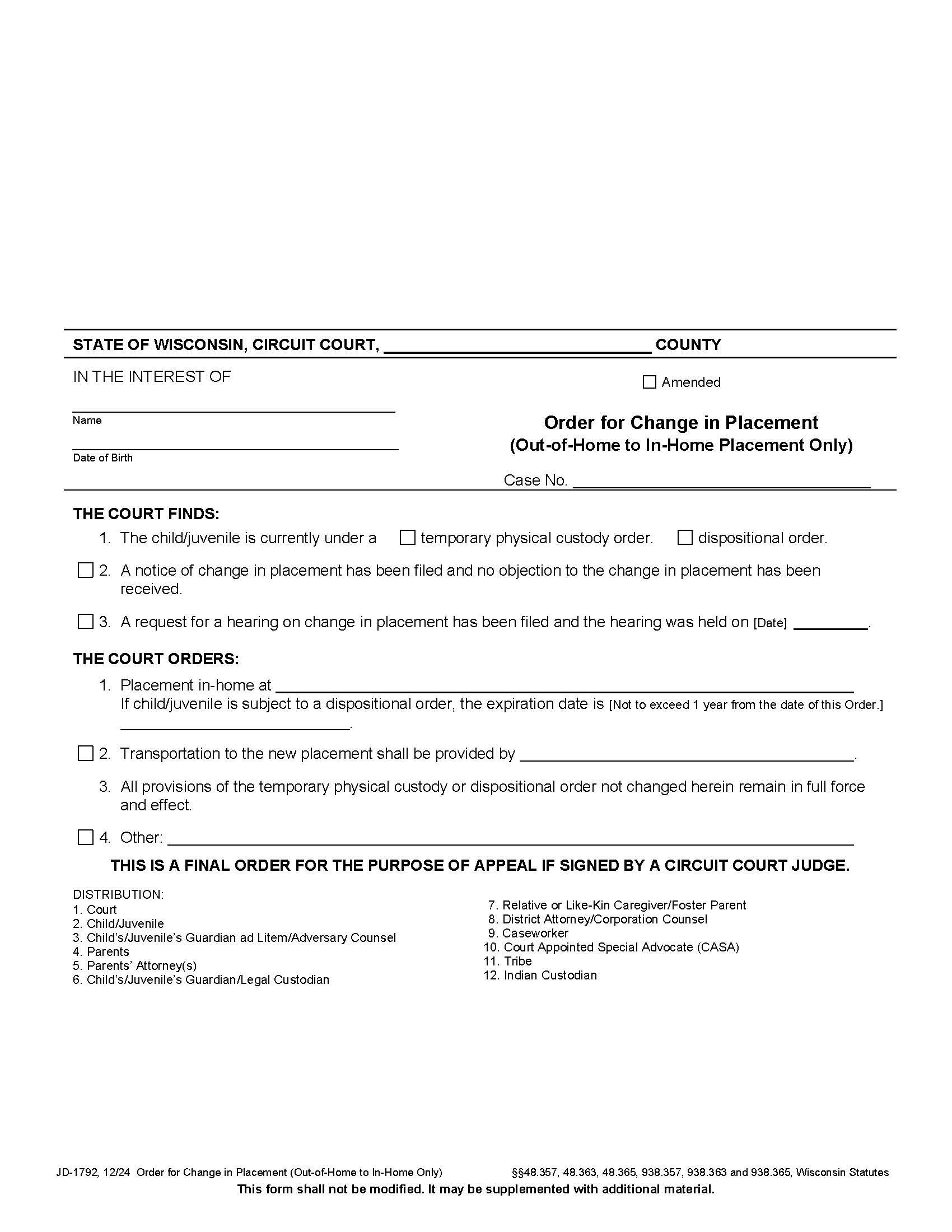 Order For Change Of Placement (Out Of Home To In Home Placement Only) {JD-1792} | Pdf Fpdf Docx | Wisconsin