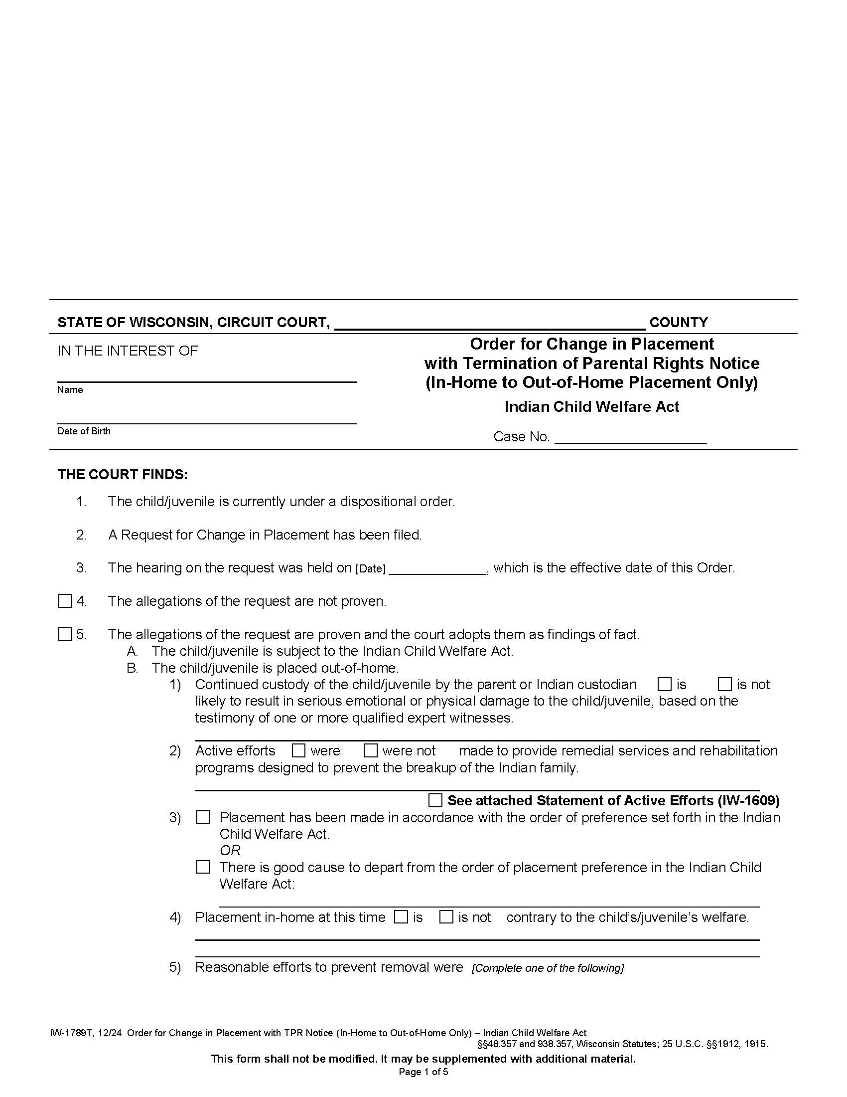 Order For Change Of Placement With Termination Of Parental Rights {IW-1789T} | Pdf Fpdf Docx | Wisconsin