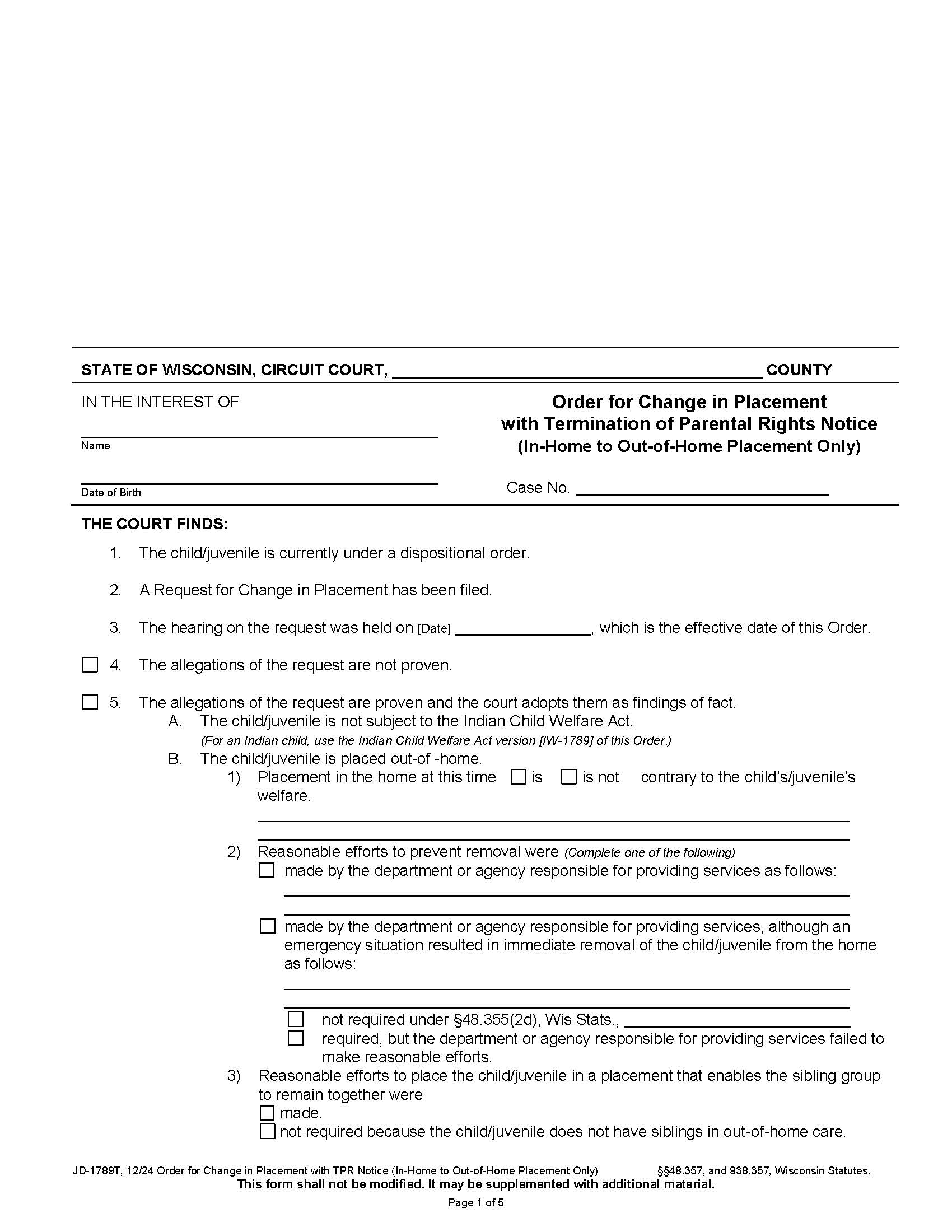 Order For Change Of Placement With Termination Of Parental Rights {JD-1789T} | Pdf Fpdf Docx | Wisconsin