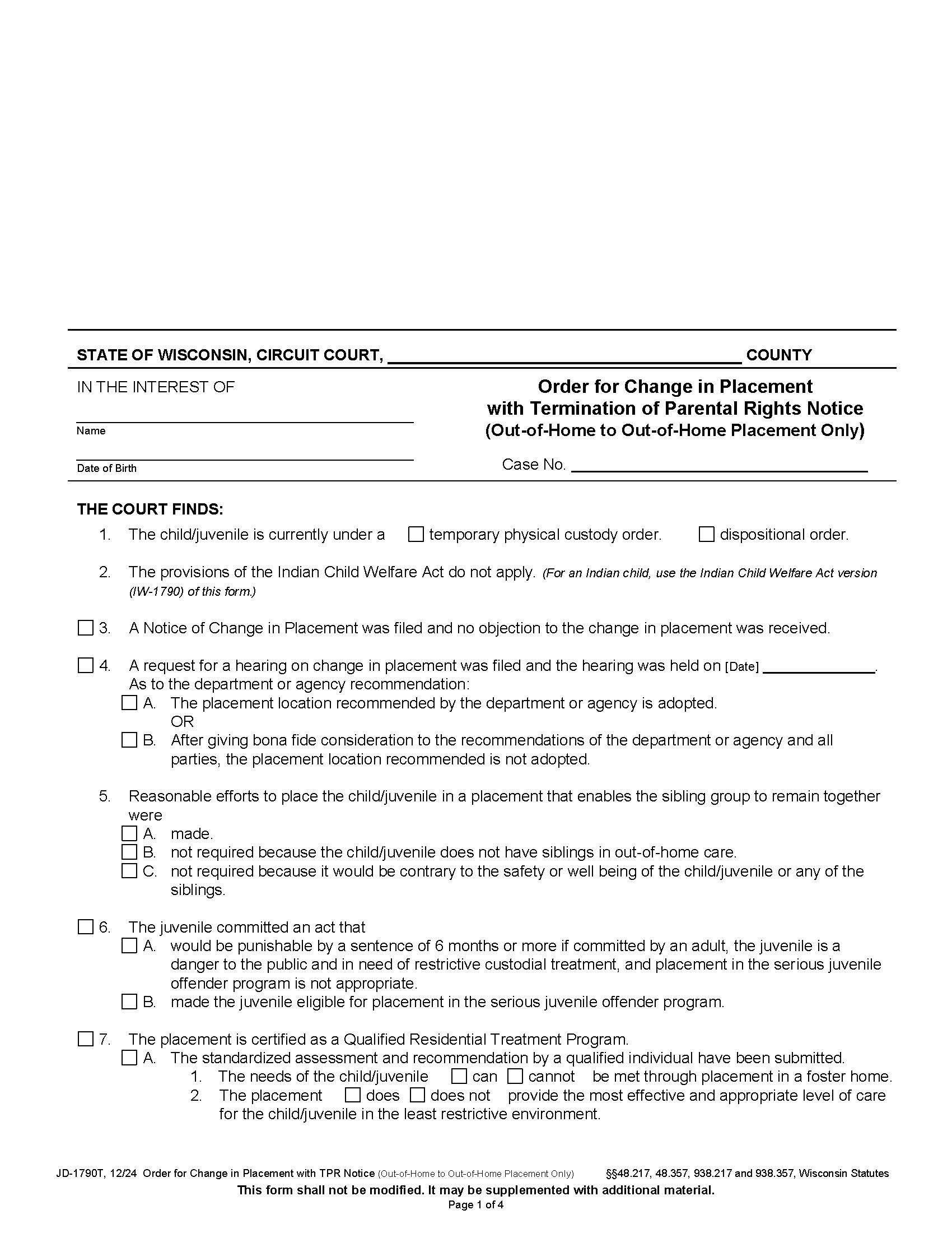 Order For Change Of Placement With Termination Of Parental Rights {JD-1790T} | Pdf Fpdf Docx | Wisconsin