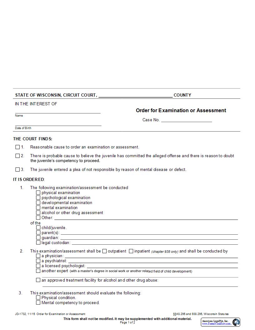 Order For Examination Or Assessment {JD-1732} | Pdf Fpdf Docx | Wisconsin