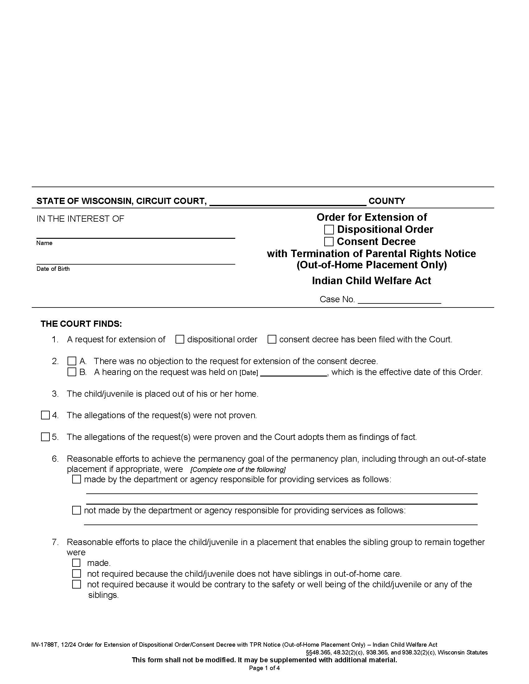 Order For Extension Of Dispo Order-Consent Decree With Termination Of Parental Rights {IW-1788T} | Pdf Fpdf Docx | Wisconsin