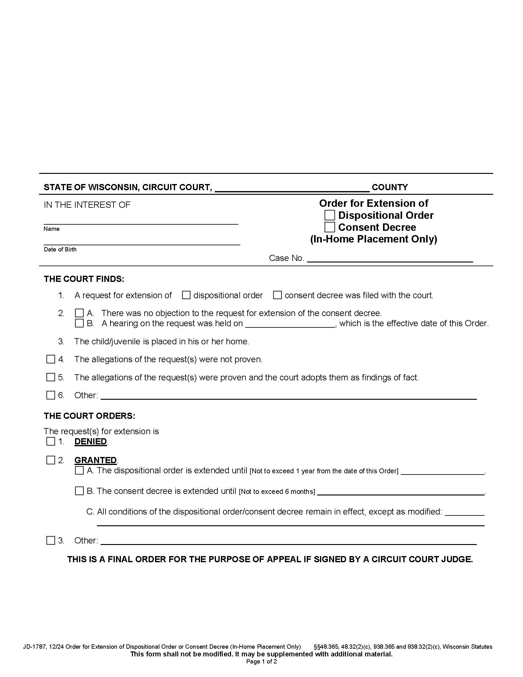 Order For Extension Of Dispositional Order (In Home Placement Only) {JD-1787} | Pdf Fpdf Docx | Wisconsin