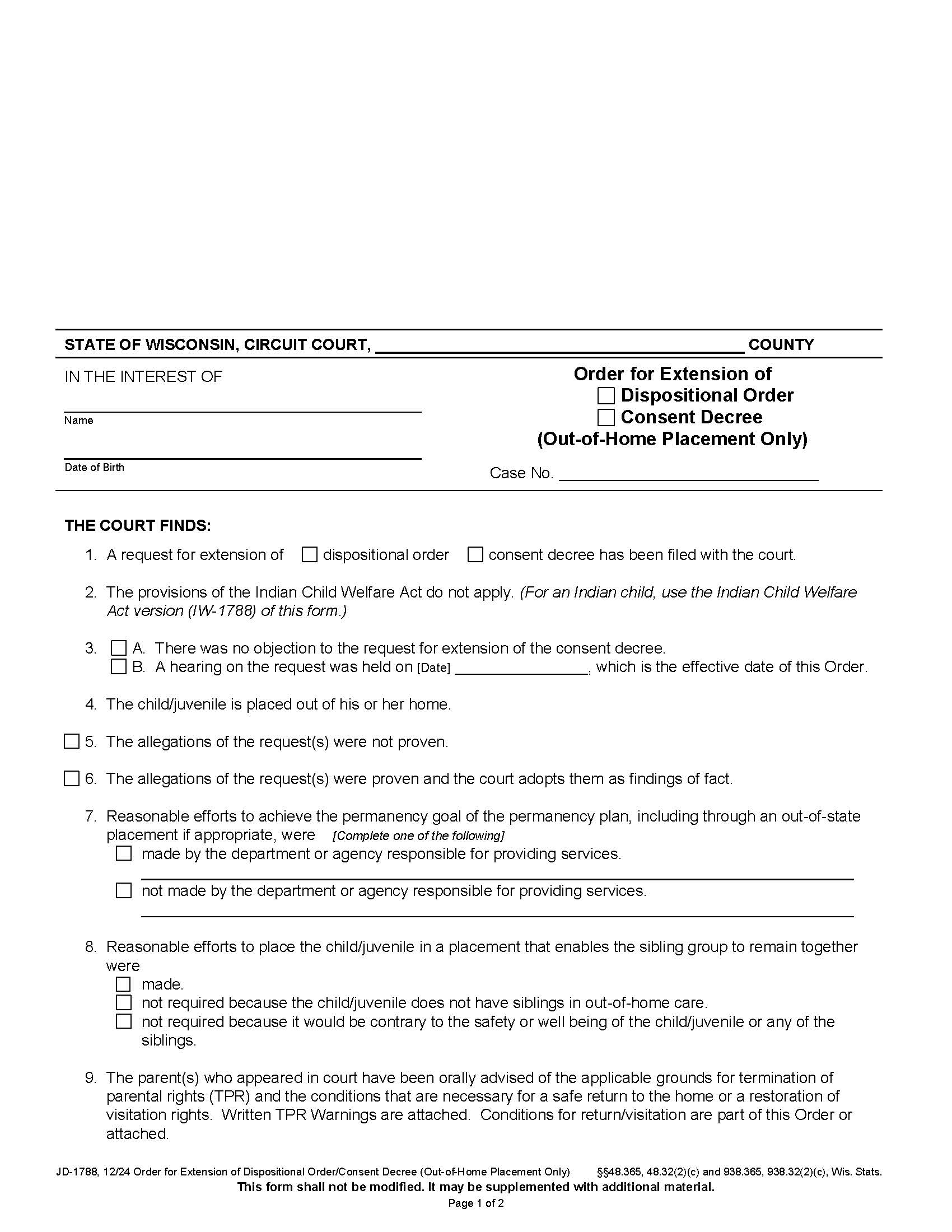 Order For Extension Of Dispositional Order (Out Of Home Placement Only) {JD-1788} | Pdf Fpdf Docx | Wisconsin