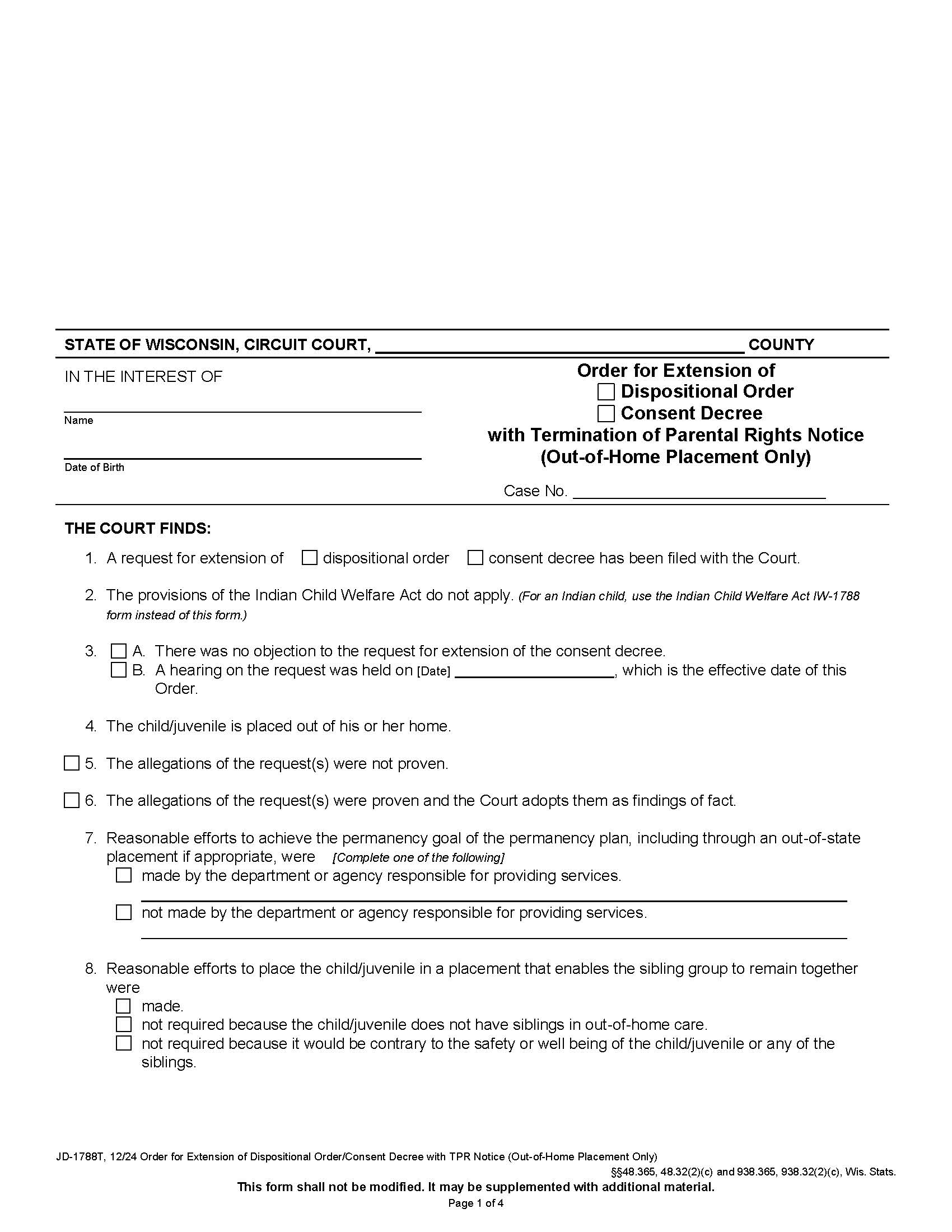 Order For Extension Of Dispositional Order With Termination Of Parental Rights {JD-1788T} | Pdf Fpdf Docx | Wisconsin