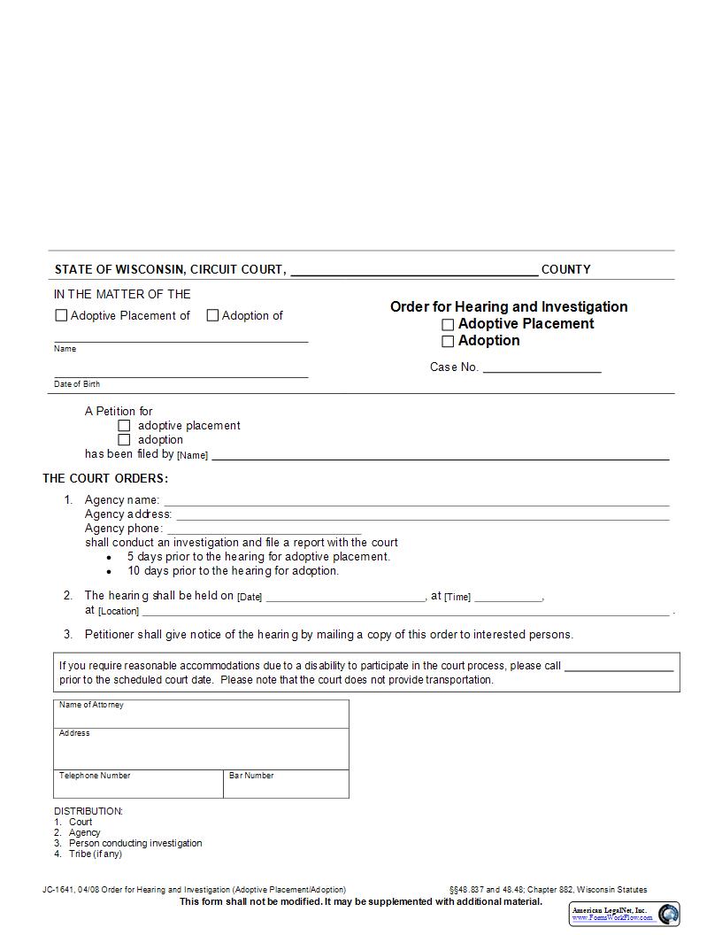 Order For Hearing And Investigation {JC-1641} | Pdf Fpdf Docx | Wisconsin