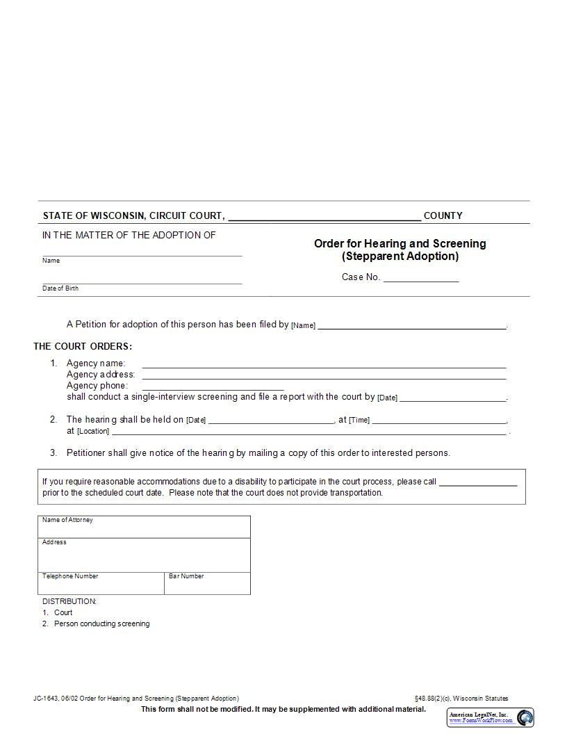 Order For Hearing And Screening (Stepparent Adoption) {JC-1643} | Pdf Fpdf Docx | Wisconsin