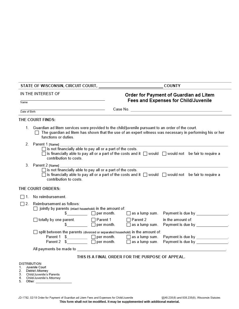 Order For Payment Of Guardian Ad Litem Fees And Expenses For Child Juvenile {JD-1782} | Pdf Fpdf Docx | Wisconsin