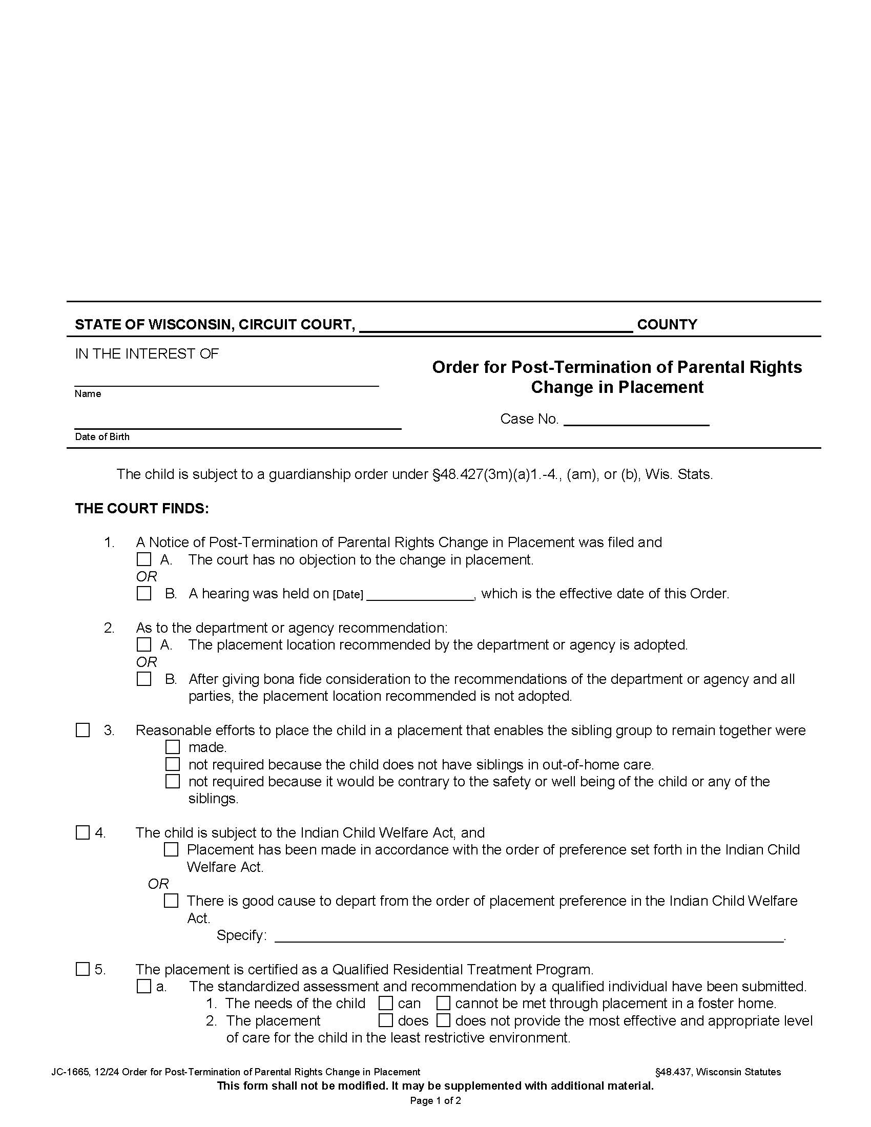 Order For Post Termination Of Parental Rights {JC-1665} | Pdf Fpdf Docx | Wisconsin