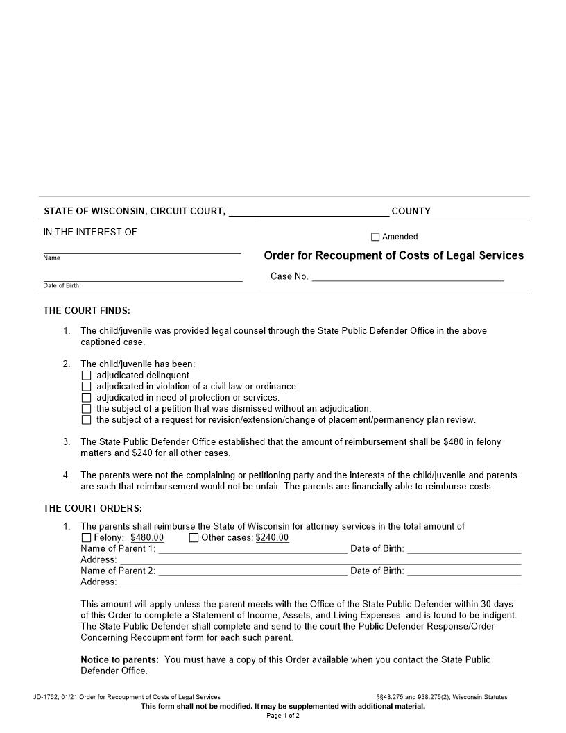 Order For Recoupment Of Costs Of Legal Services {JD-1762} | Pdf Fpdf Docx | Wisconsin