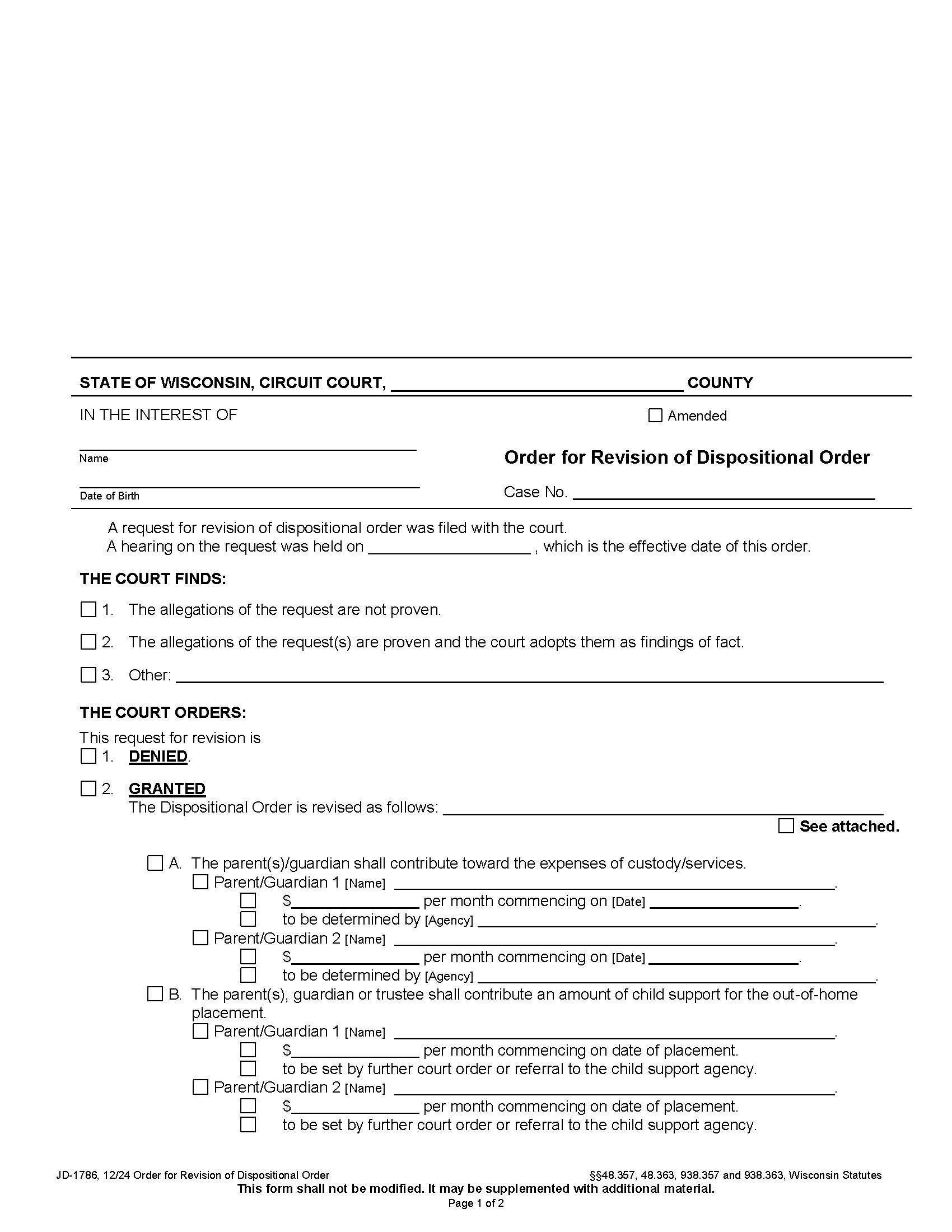 Order For Revision Of Dispositional Order {JD-1786} | Pdf Fpdf Docx | Wisconsin