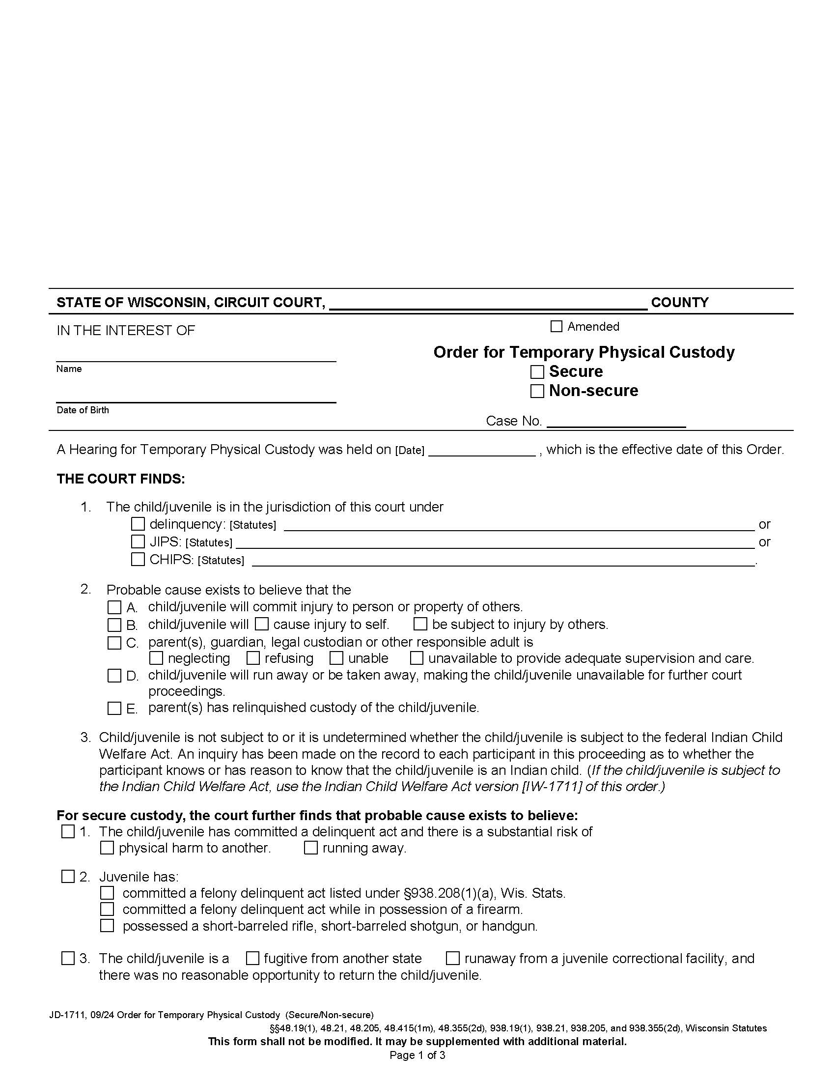 Order For Temporary Physical Custody (Secure Or Non-Secure) {JD-1711} | Pdf Fpdf Docx | Wisconsin
