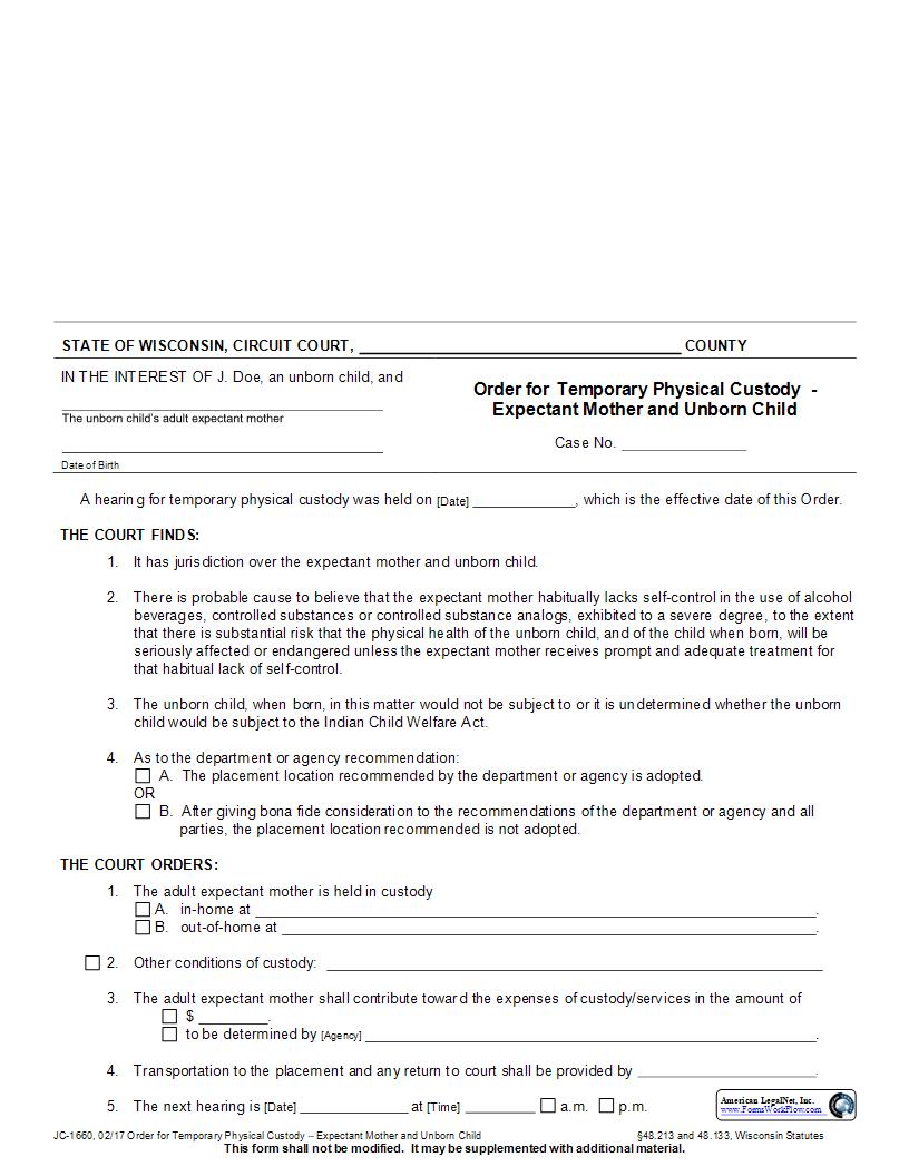 Order For Temporary Physical Custody Expectant Mother {JC-1660} | Pdf Fpdf Docx | Wisconsin