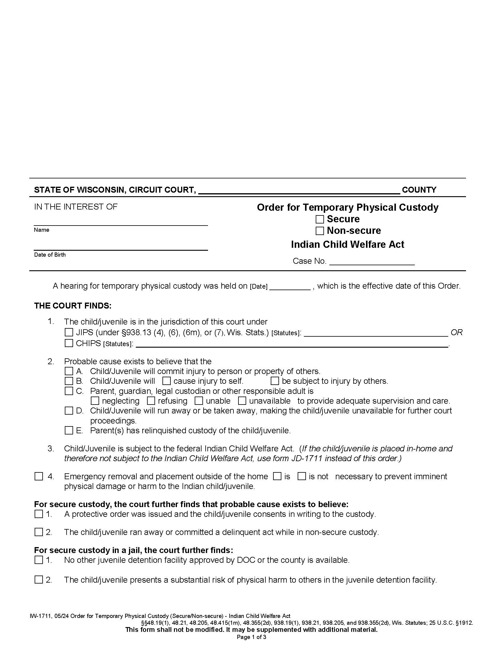 Order For Temporary Physical Custody-Secure-Nonsecure-ICWA {IW-1711} | Pdf Fpdf Docx | Wisconsin