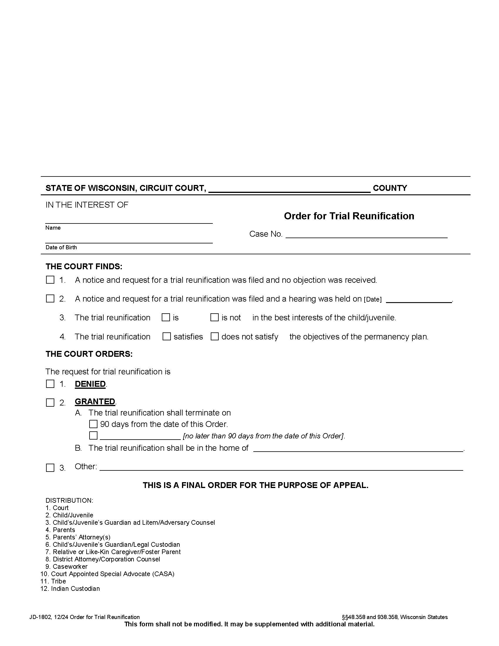 Order For Trial Reunification {JD-1802} | Pdf Fpdf Docx | Wisconsin
