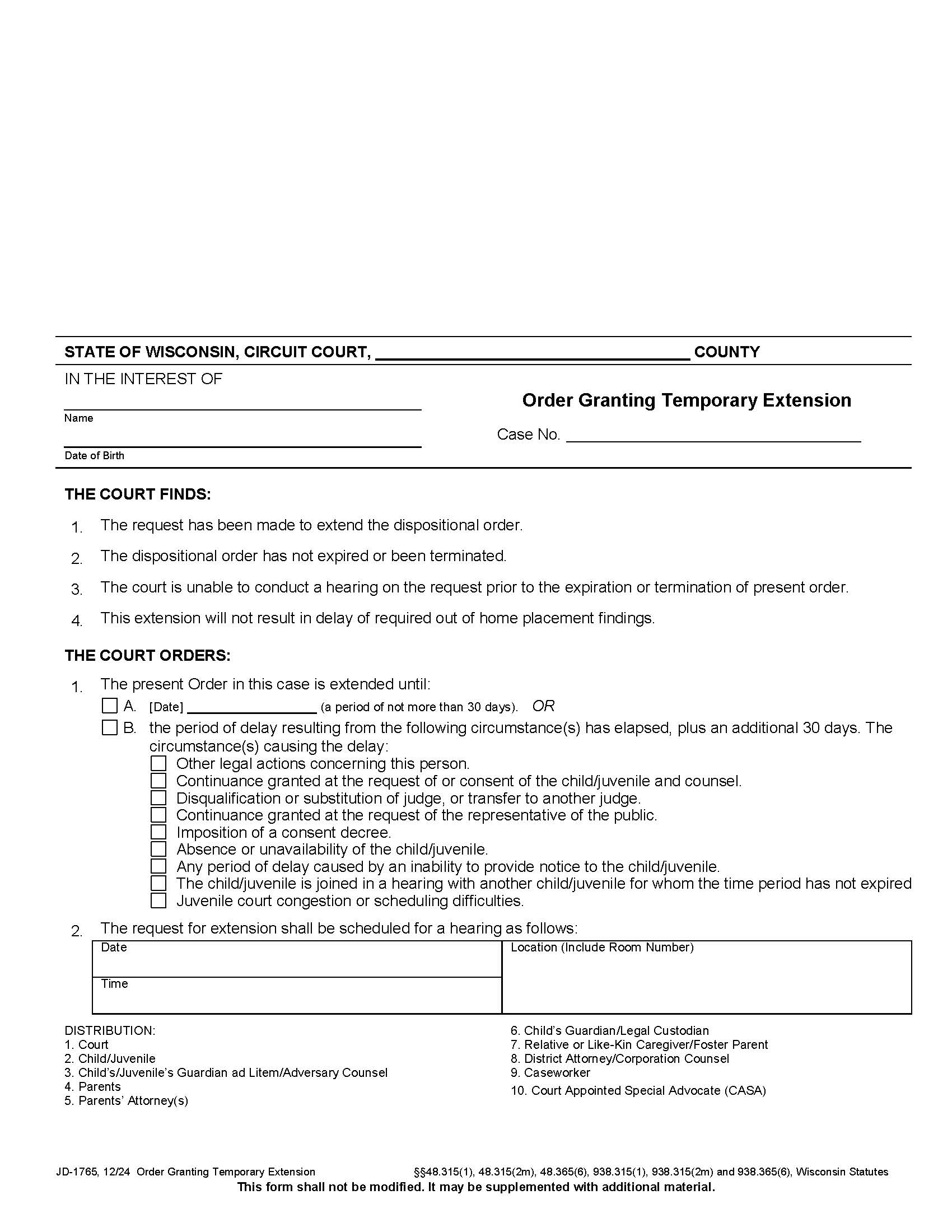Order Granting Temporary Extension {JD-1765} | Pdf Fpdf Docx | Wisconsin