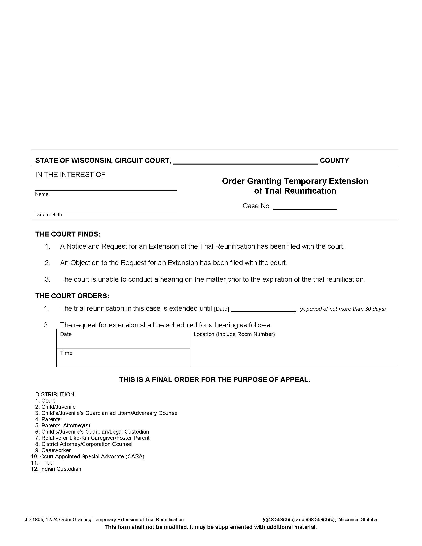 Order Granting Temporary Extension Of Trial Reunification  {JD-1805} | Pdf Fpdf Docx | Wisconsin