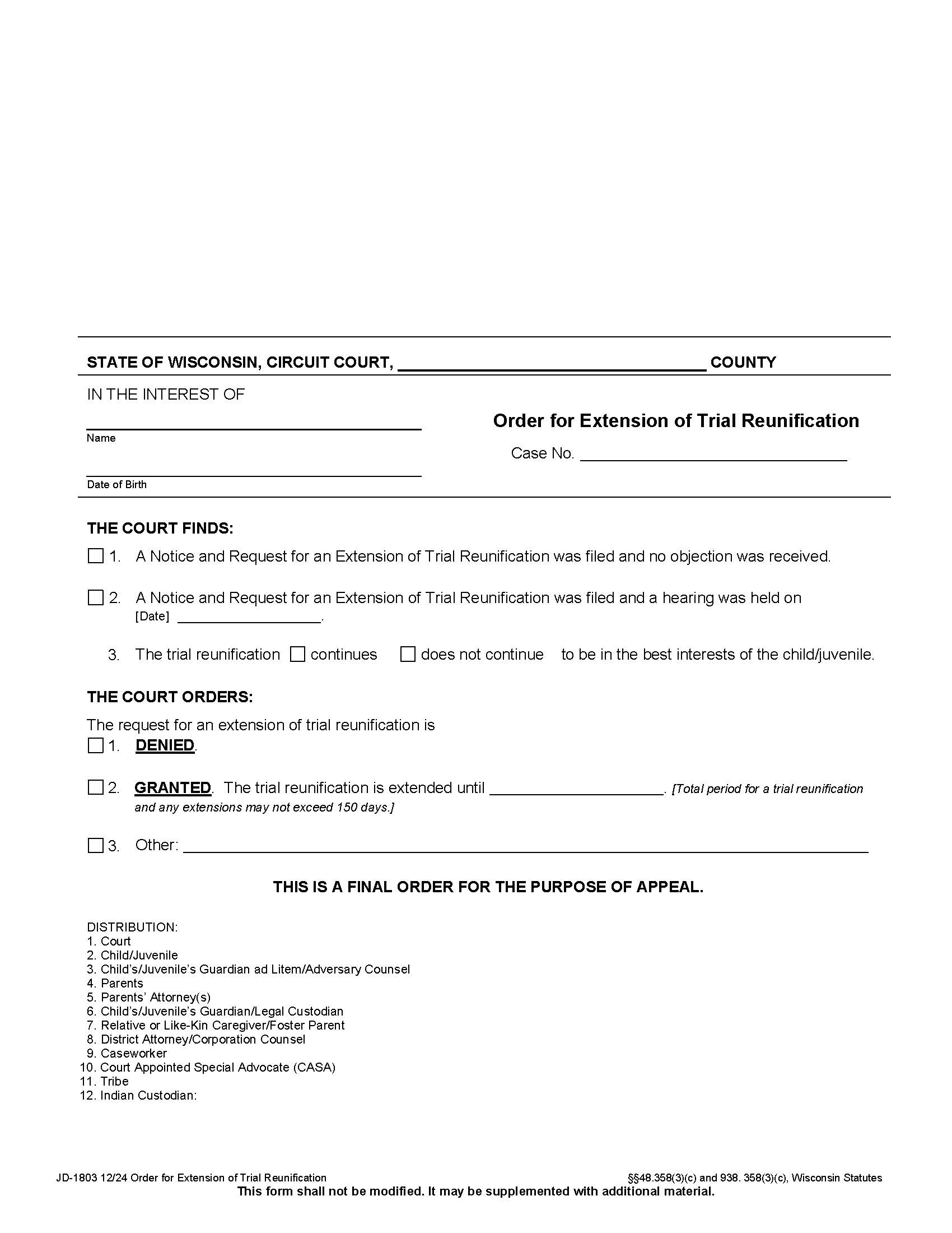 Order Of Extension Of Trial Reunification {JD-1803} | Pdf Fpdf Docx | Wisconsin