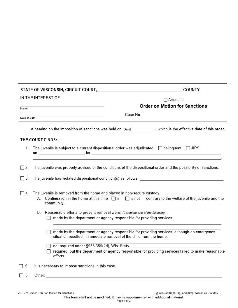 Order On Motion For Sanctions {JD-1774} | Pdf Fpdf Docx | Wisconsin