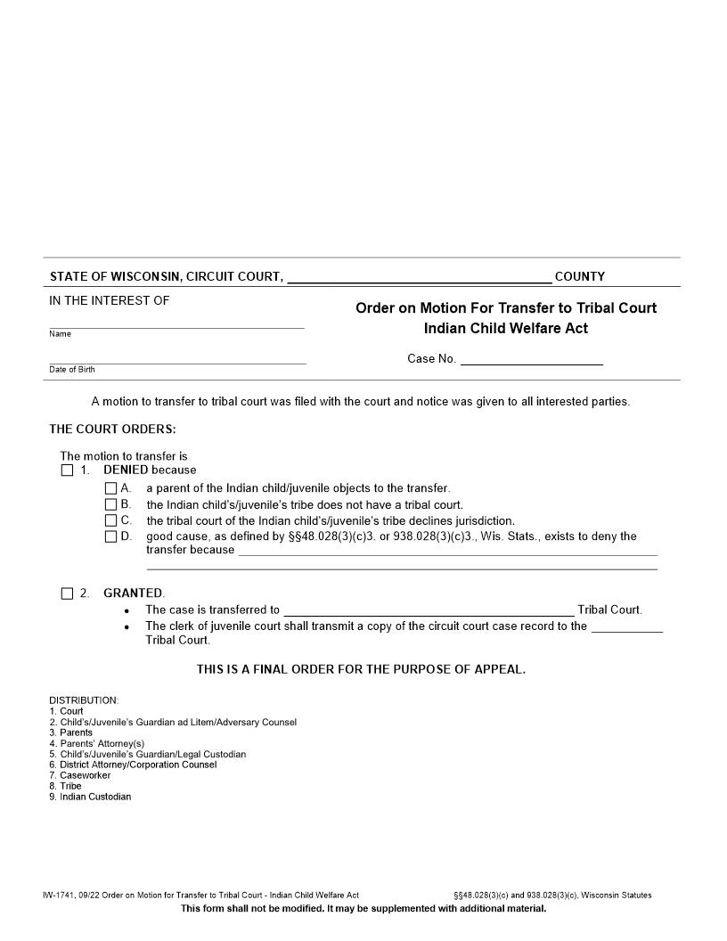 Order On Motion For Transfer To Tribal Court {IW-1741} | Pdf Fpdf Docx | Wisconsin