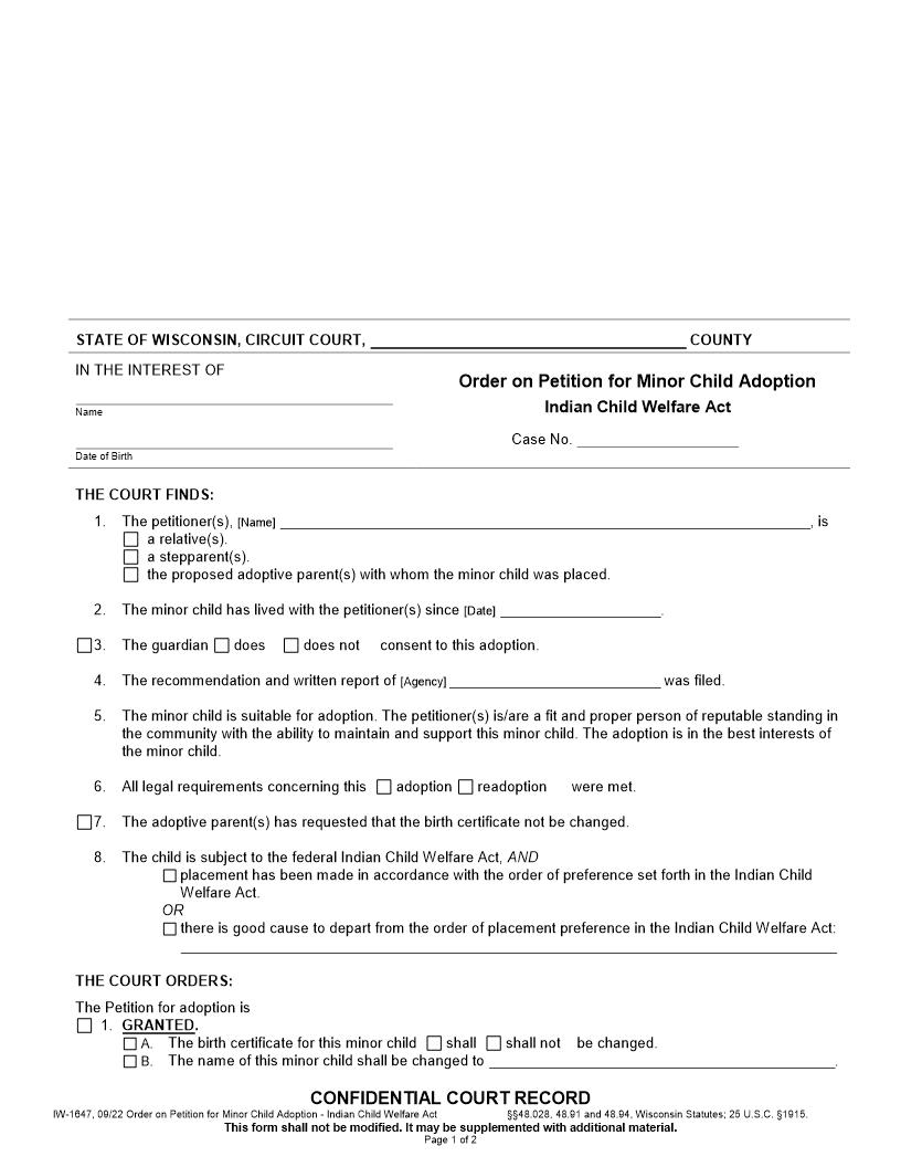 Order On Petition For Minor Child Adoption {IW-1647} | Pdf Fpdf Docx | Wisconsin