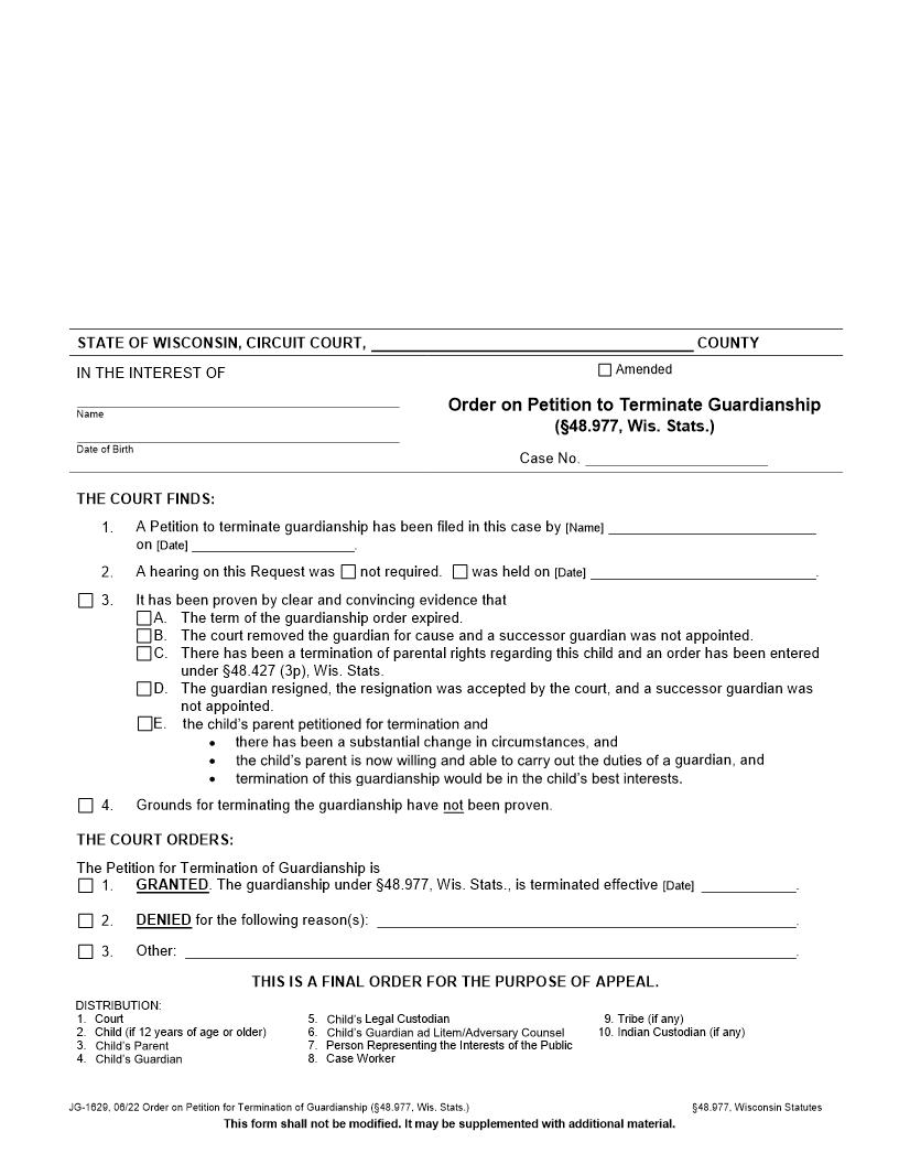 Order On Petition For Termination Of Guardianship {JG-1629} | Pdf Fpdf Docx | Wisconsin