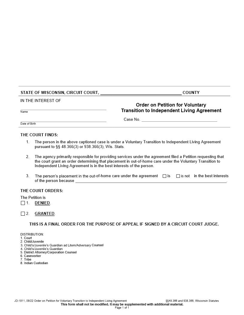 Order On Petition For Voluntary Transition to Independent Living Agreement {JD-1811} | Pdf Fpdf Docx | Wisconsin