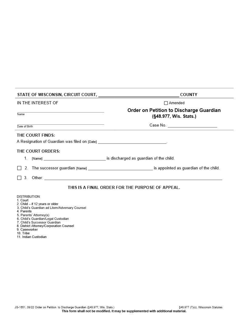 Order On Petition To Discharge Guardian {JG-1651} | Pdf Fpdf Docx | Wisconsin