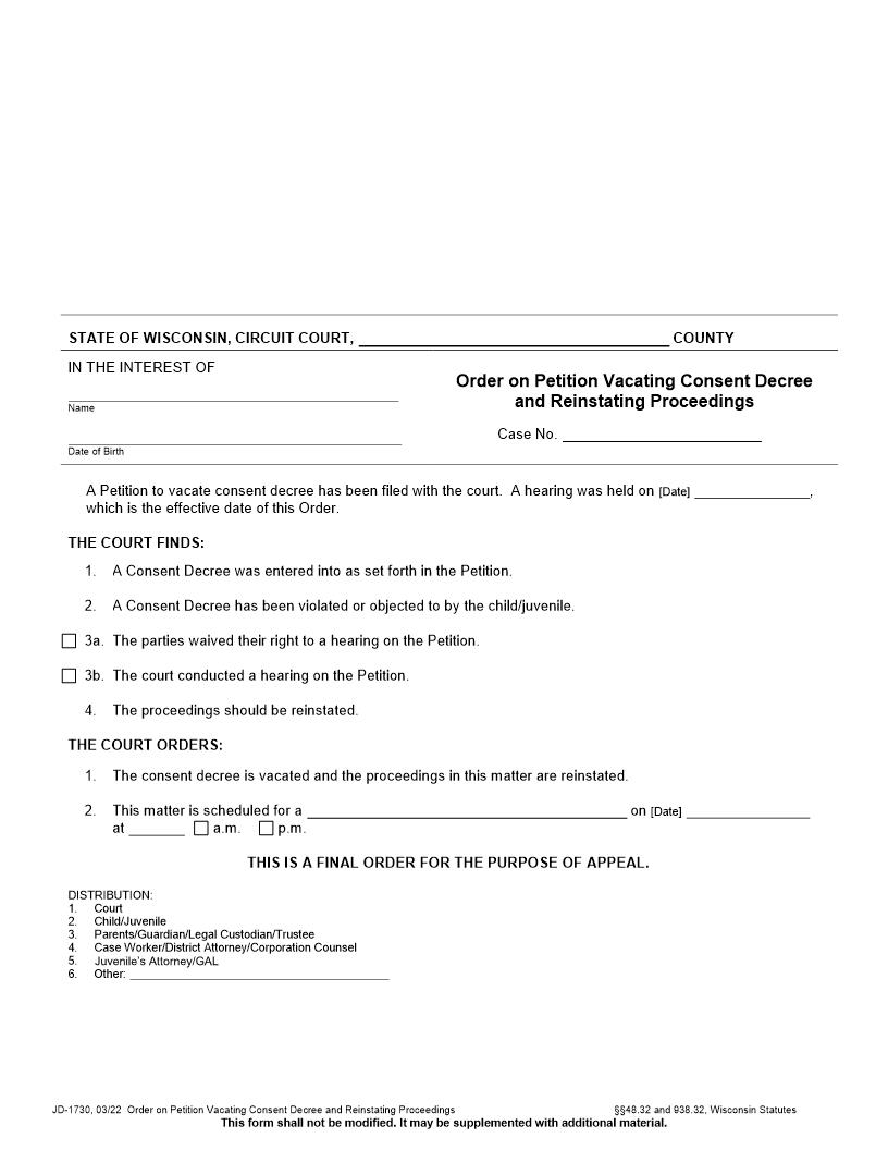 Order On Petition Vacating Consent Decree And Reinstating Proceedings {JD-1730} | Pdf Fpdf Docx | Wisconsin